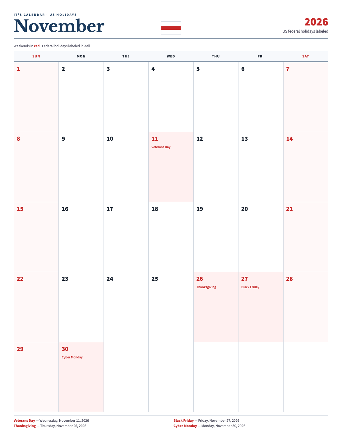 November 2026 Calendar Printable 6 Free PDFs With Holidays It s 