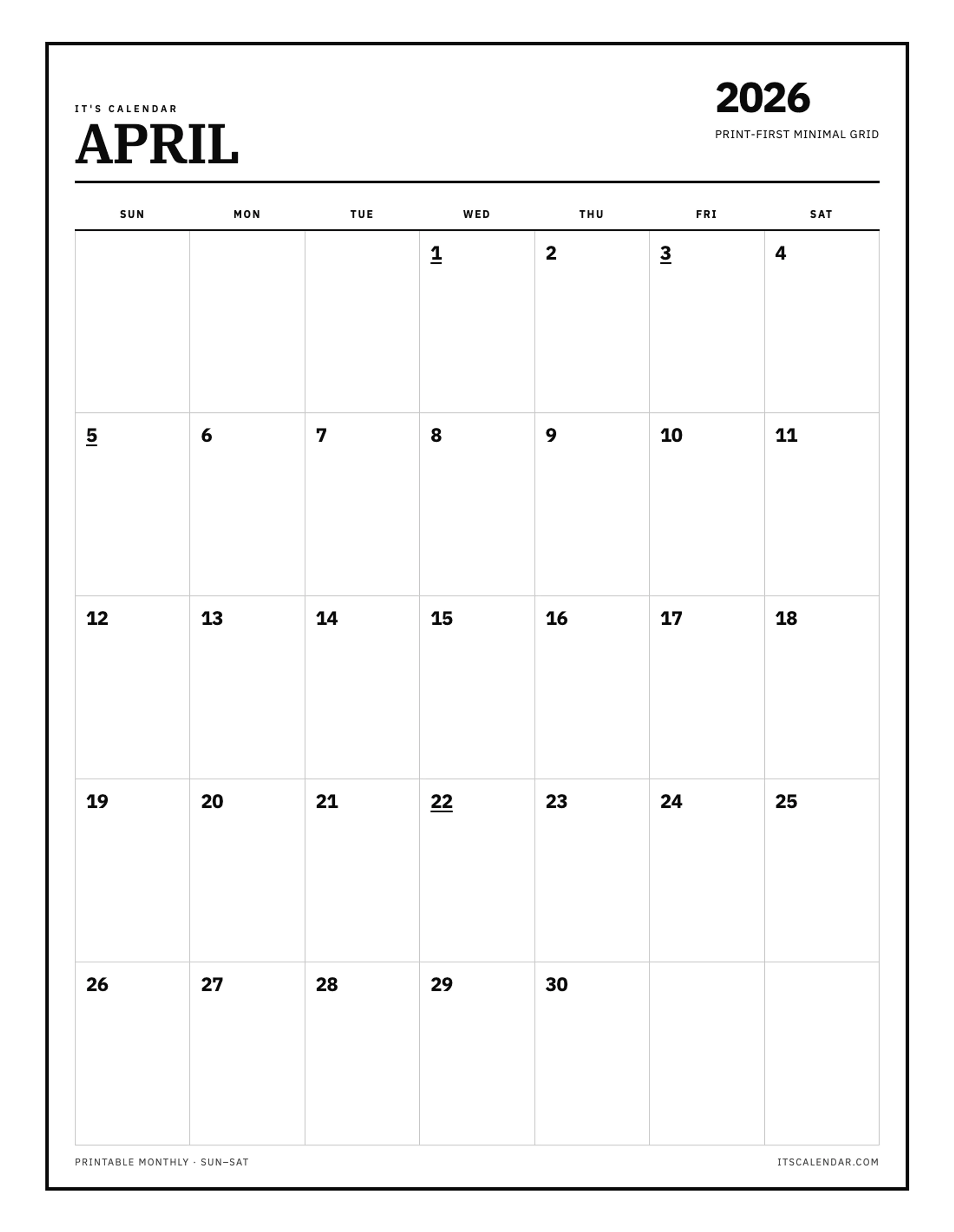 Blank April 2026 Calendar
