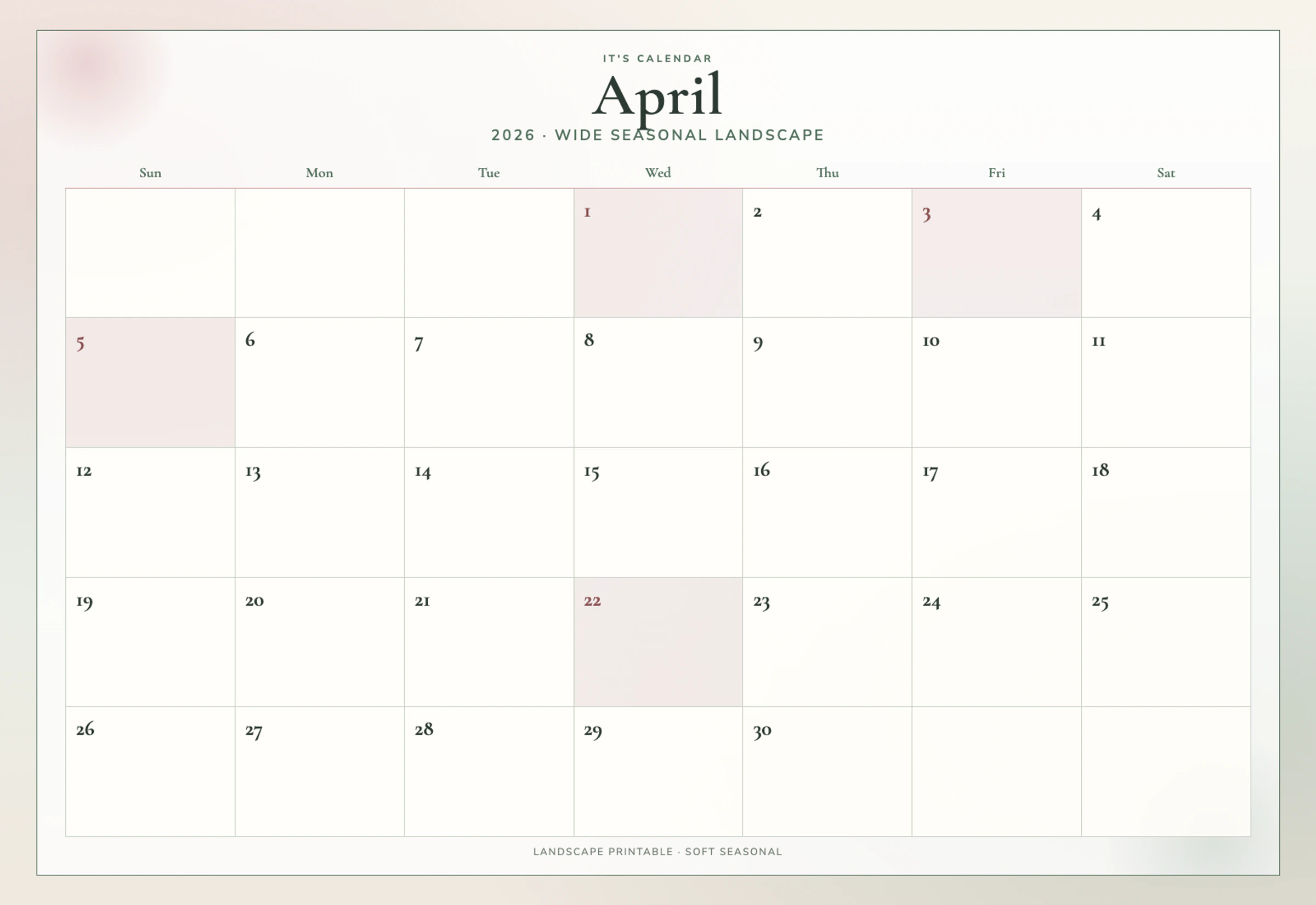 Landscape April 2026 Calendar