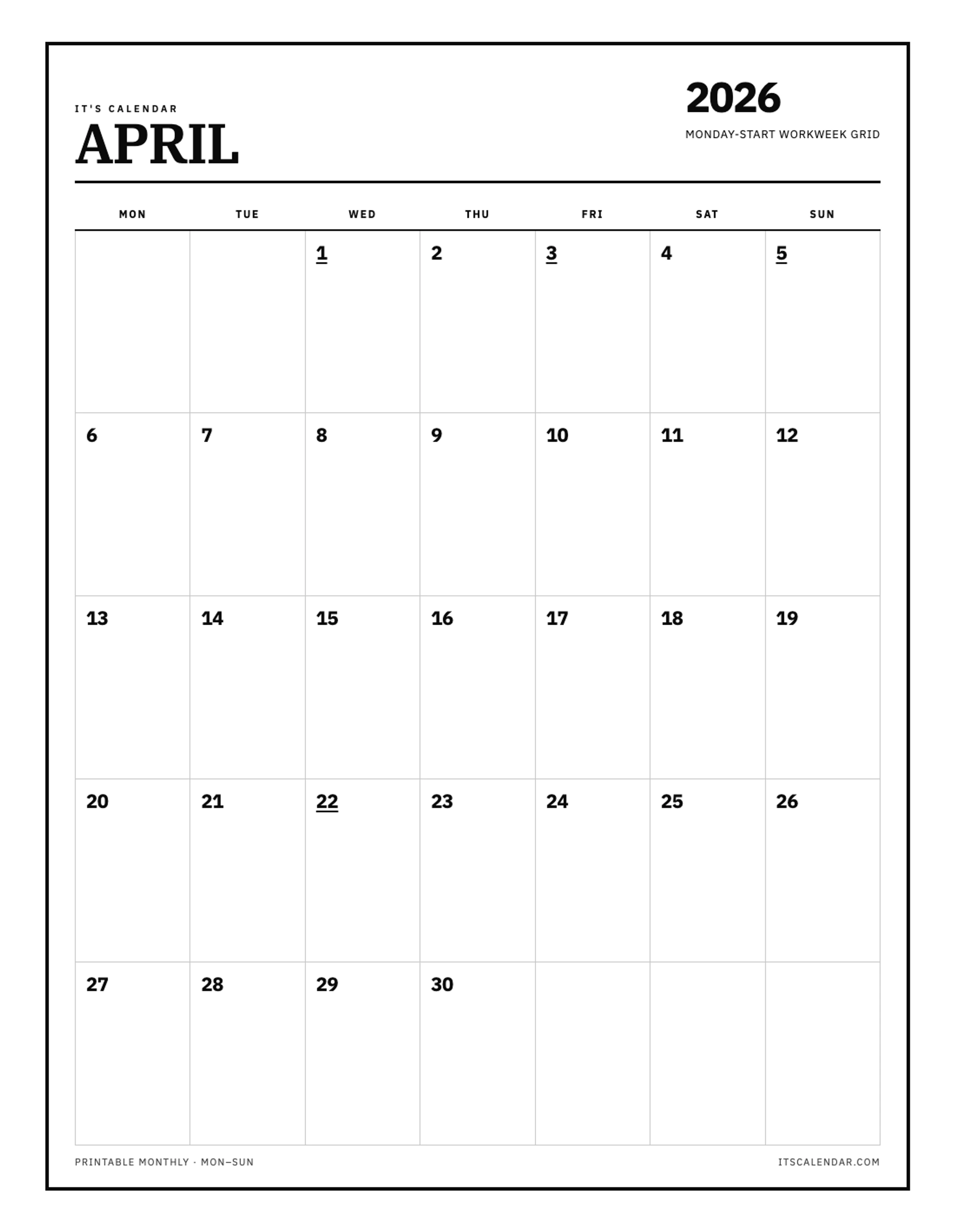 April 2026 Calendar – Monday Start