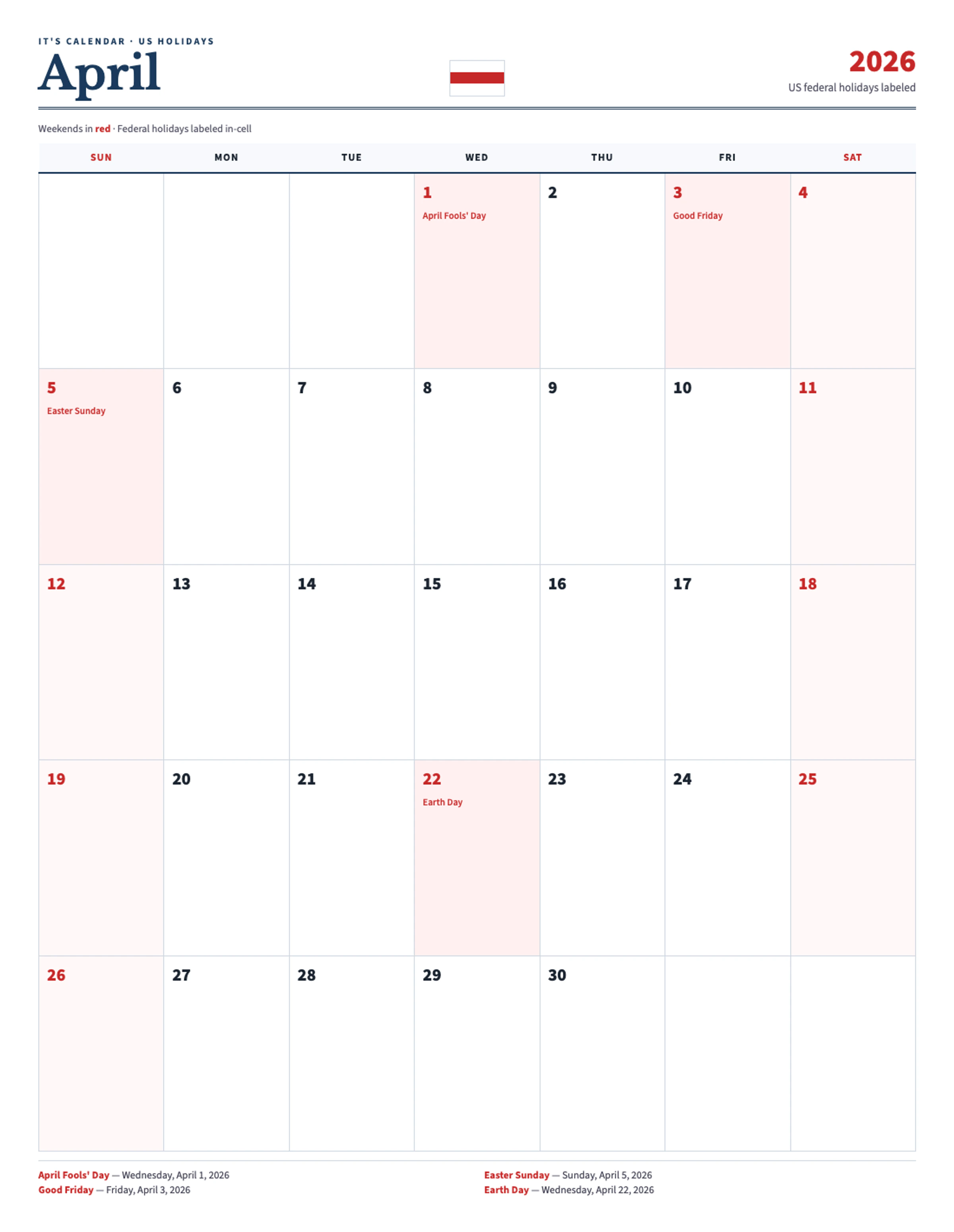 April 2026 Calendar With Holidays