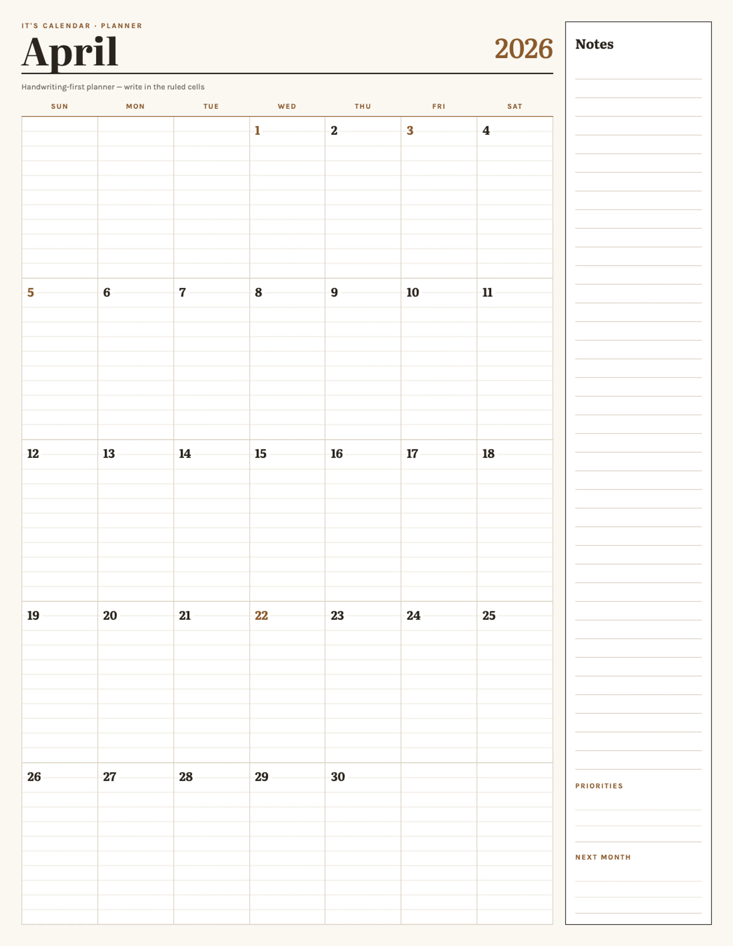 April 2026 Calendar With Notes