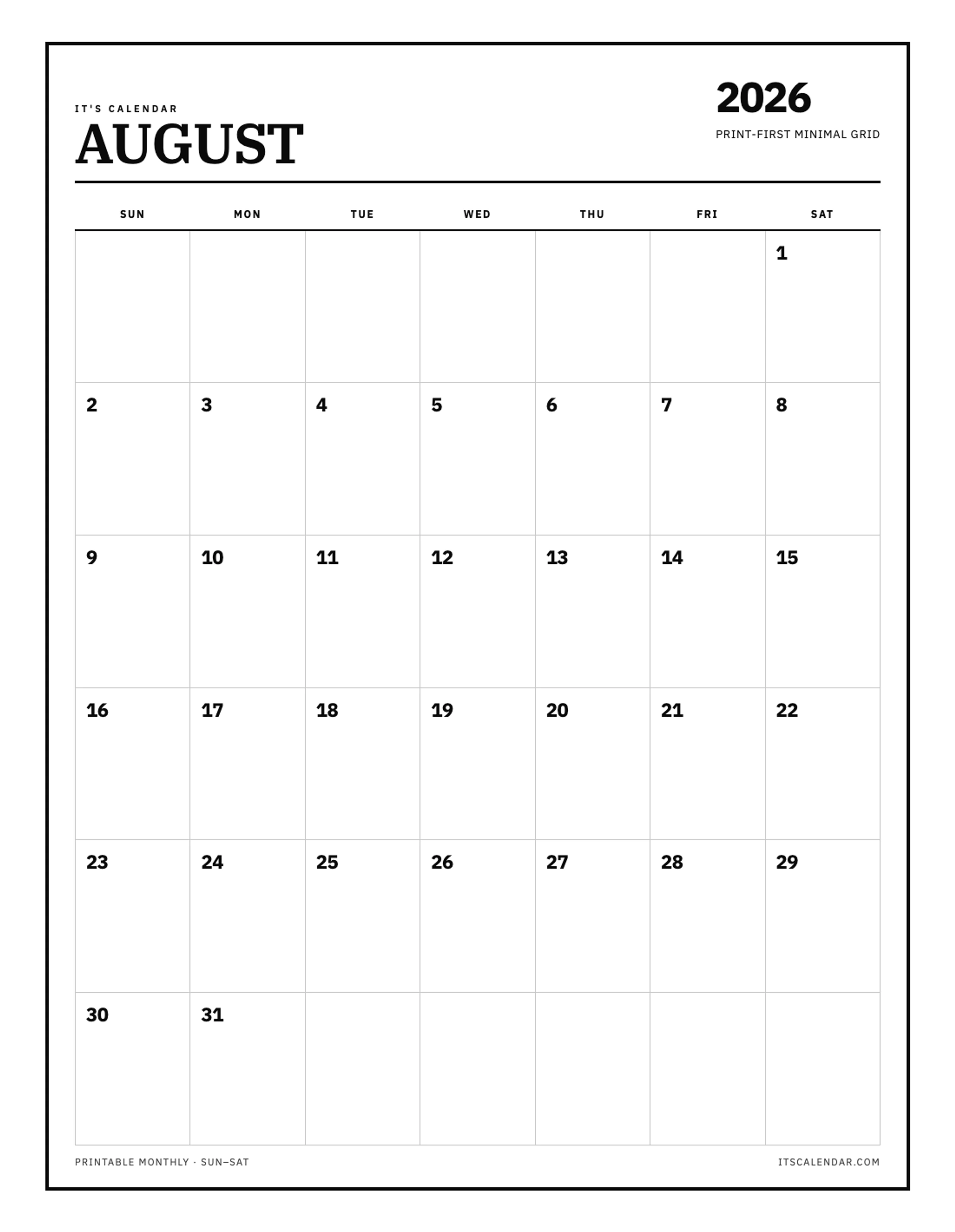 Blank August 2026 Calendar
