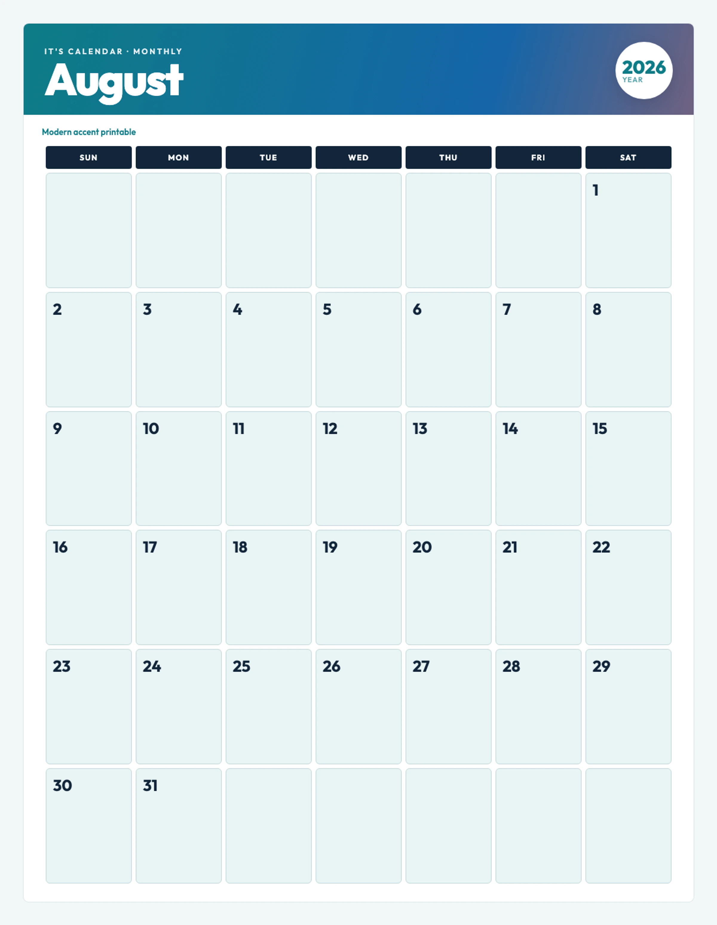 Cute / Winter August 2026 Calendar