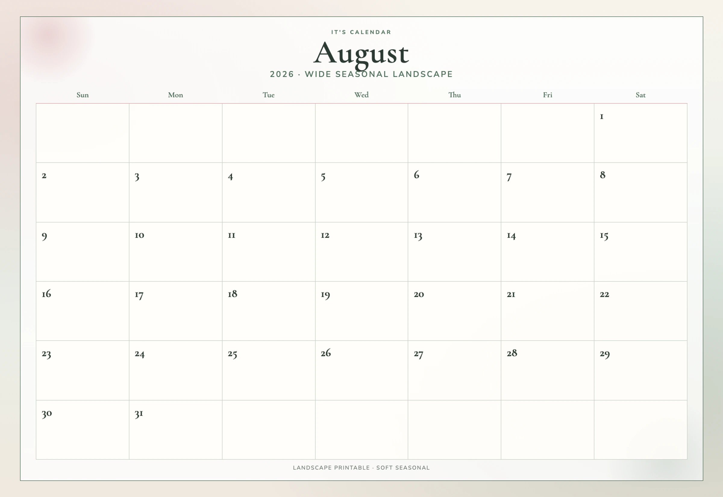 Landscape August 2026 Calendar