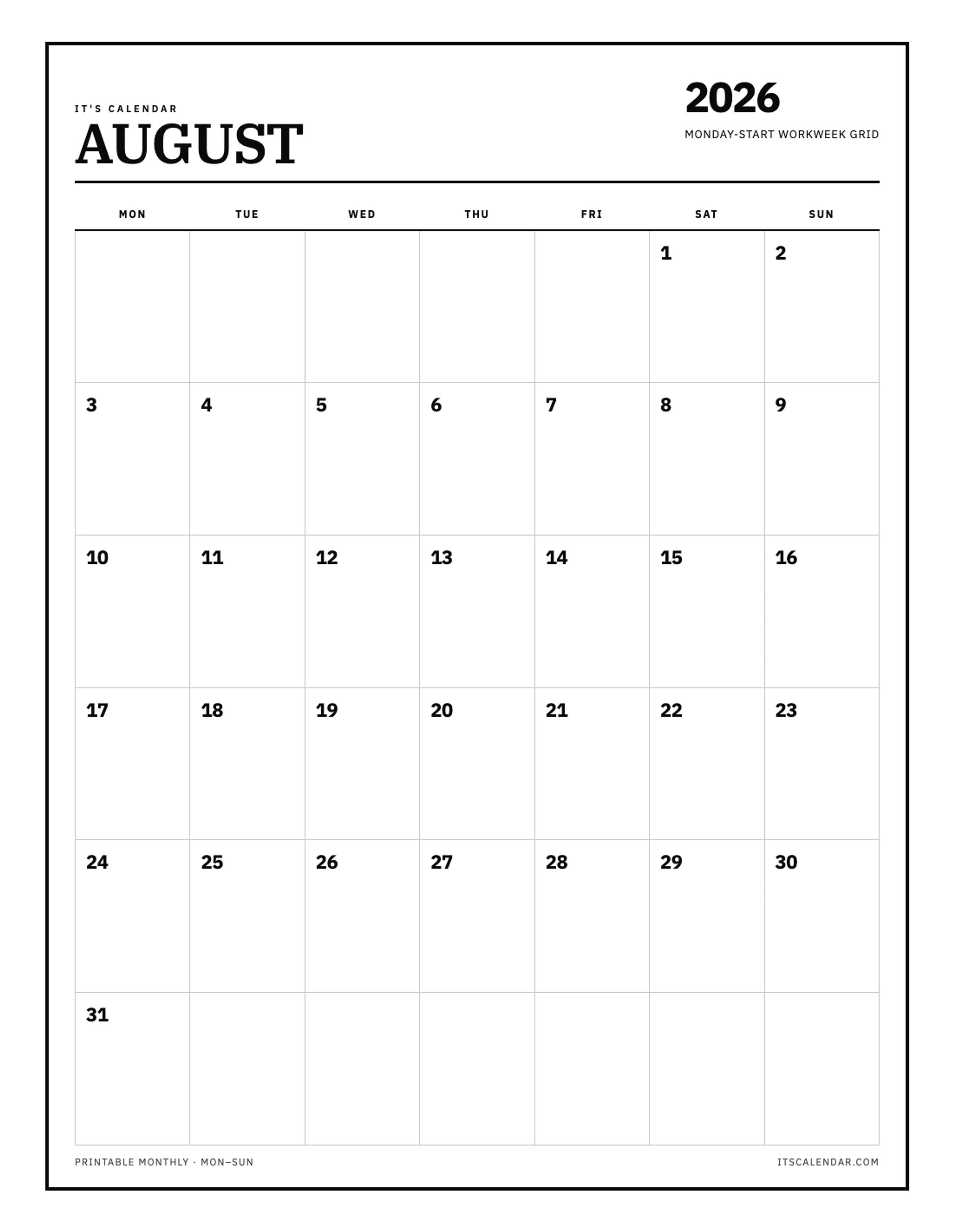 August 2026 Calendar – Monday Start