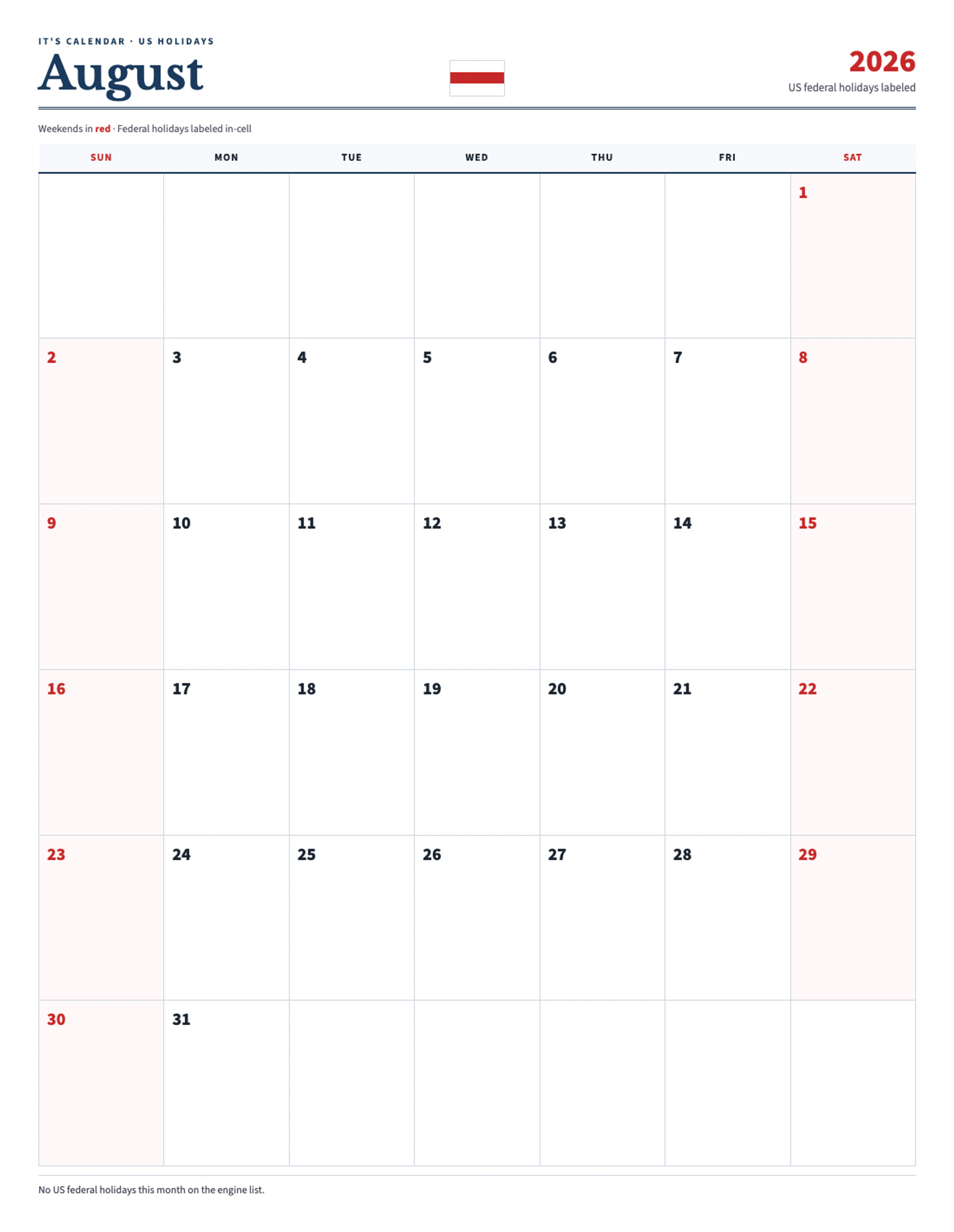 August 2026 Calendar With Holidays