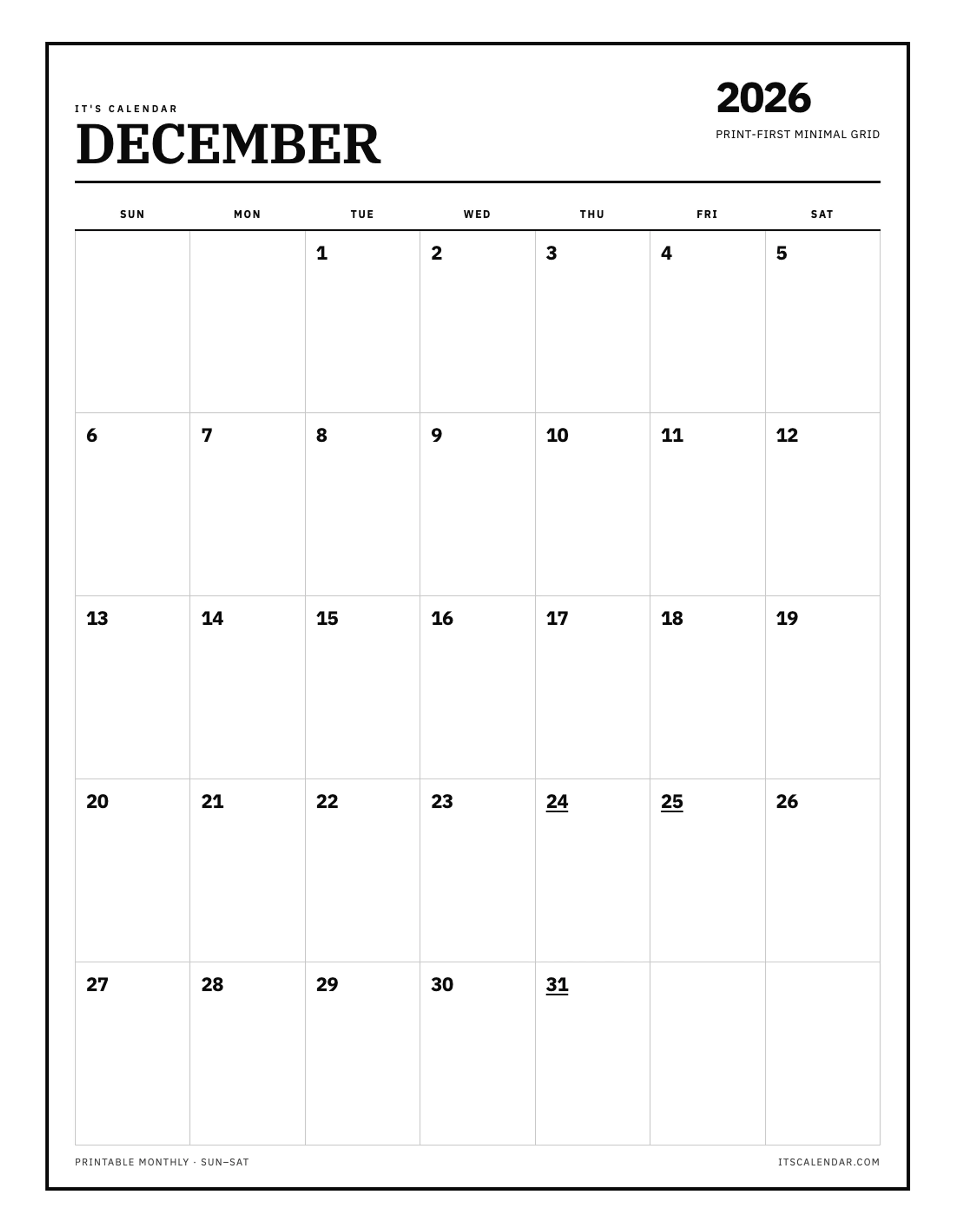 Blank December 2026 Calendar