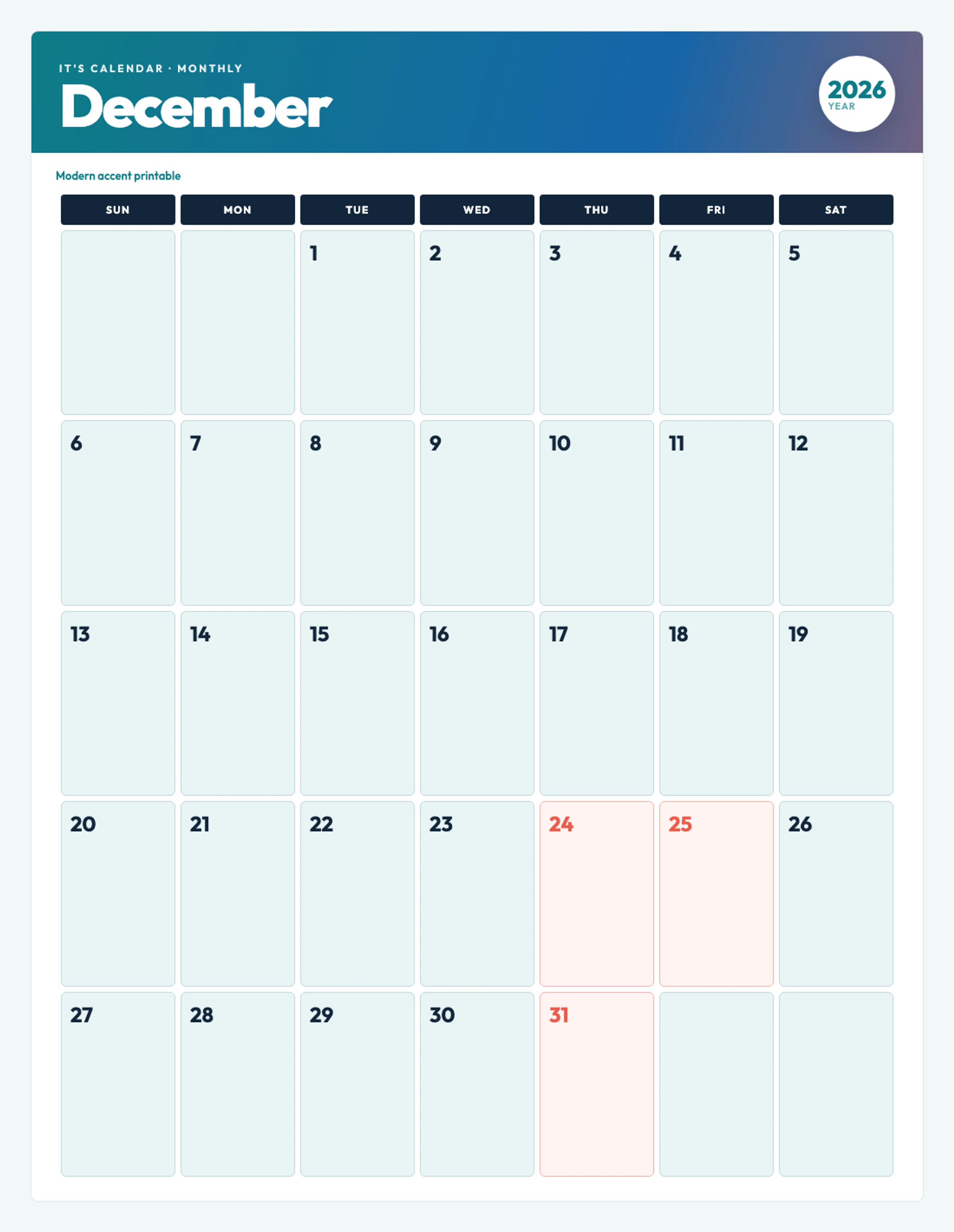 Cute / Winter December 2026 Calendar