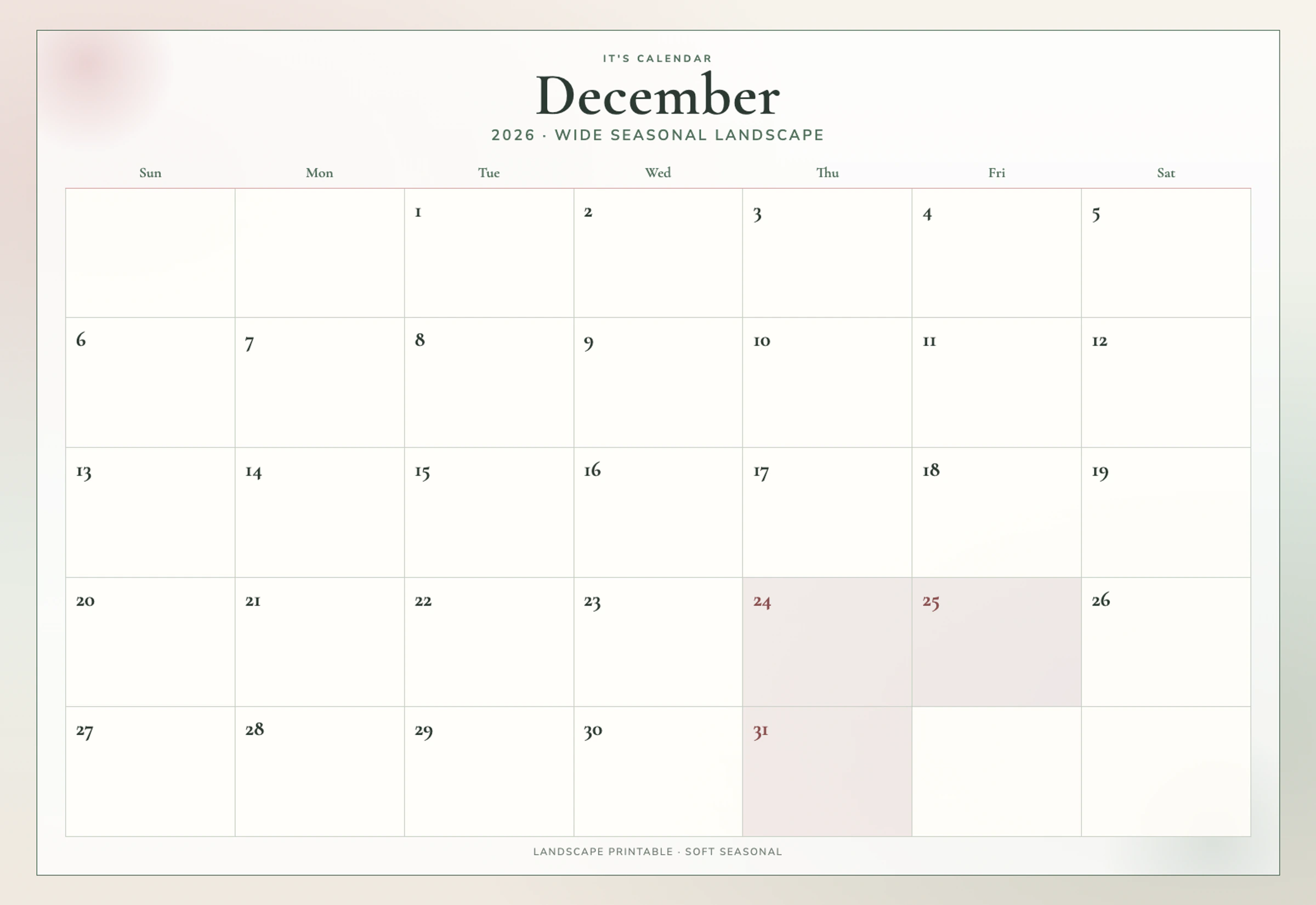 Landscape December 2026 Calendar