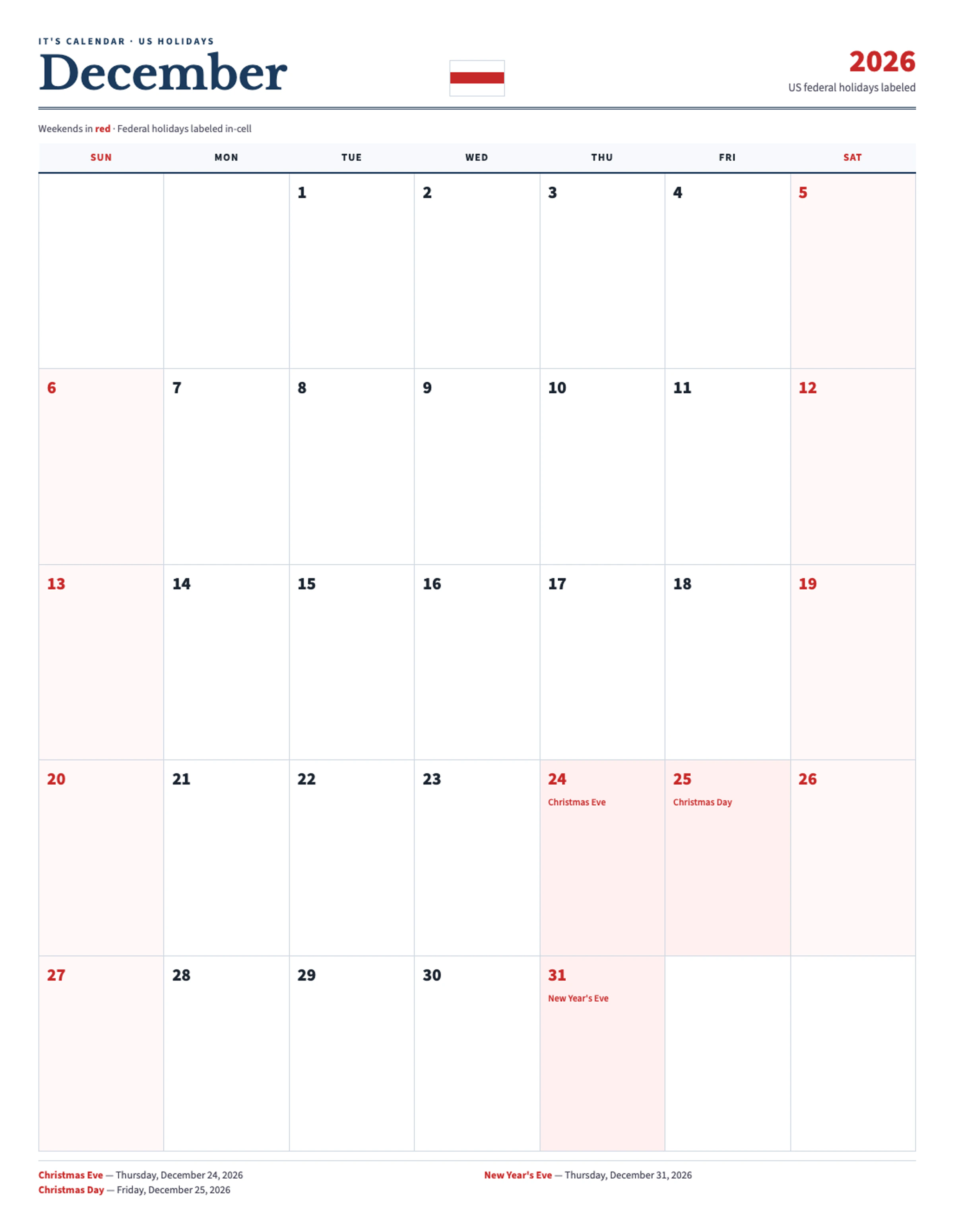 December 2026 Calendar With Holidays
