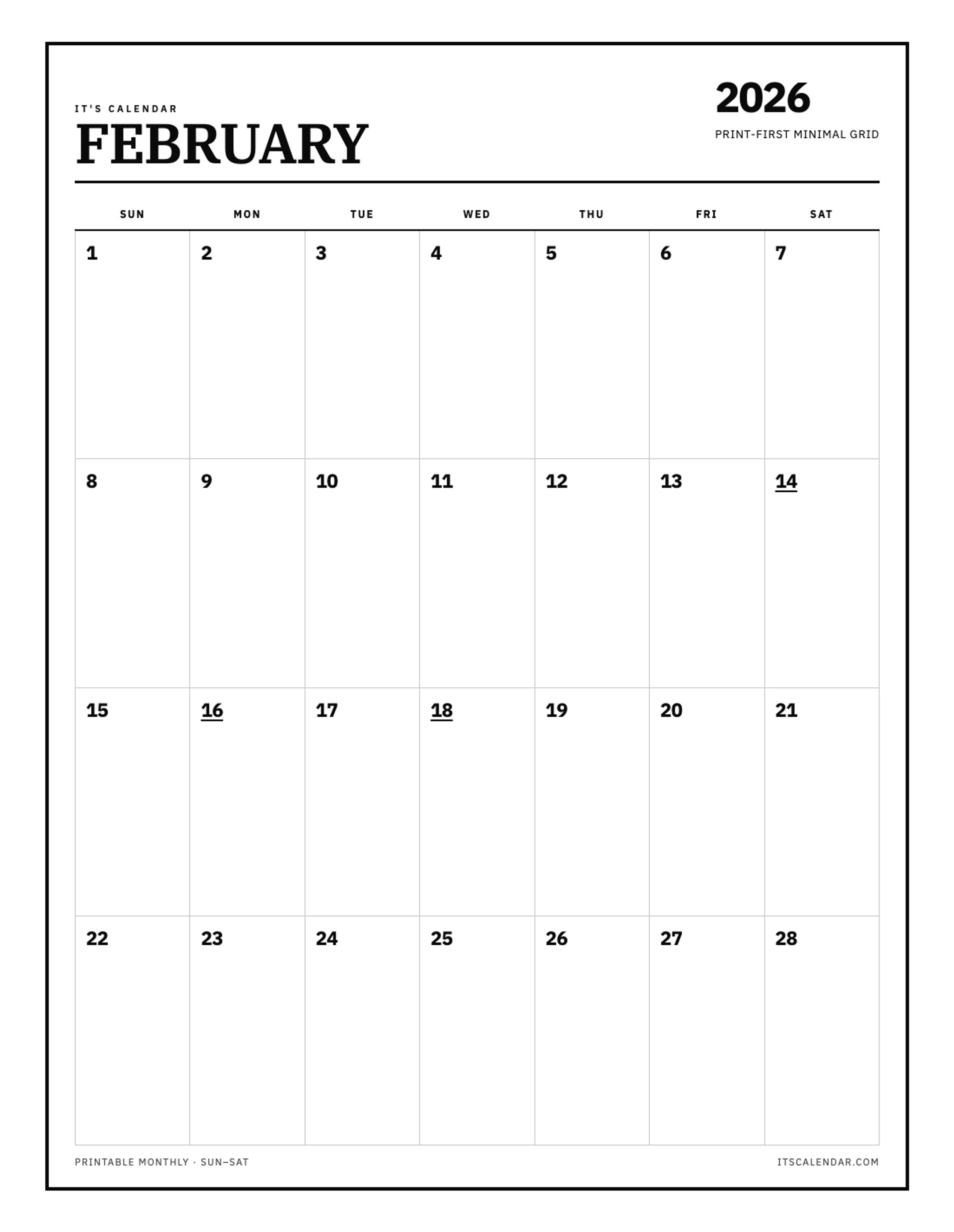 Blank February 2026 Calendar