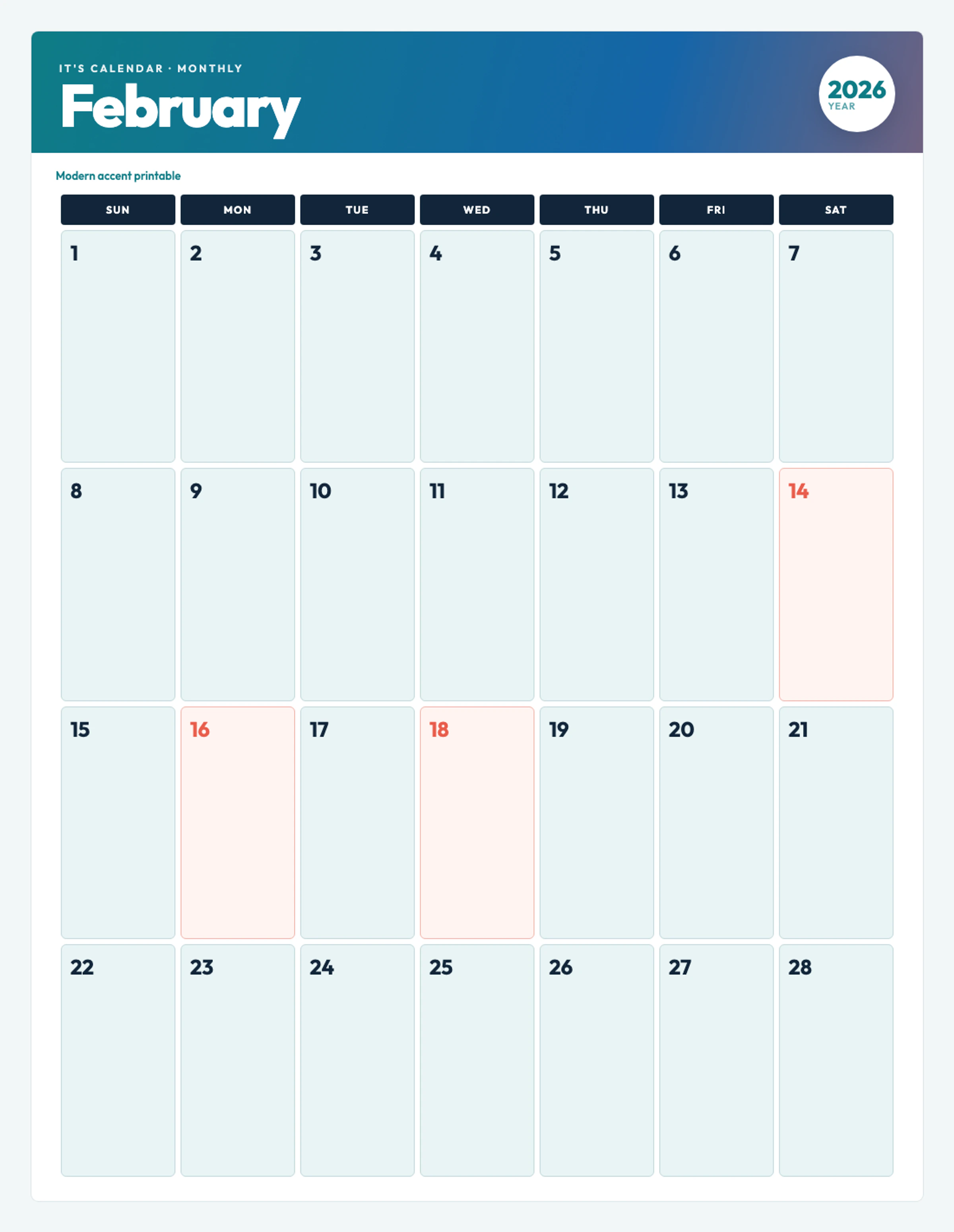 Cute / Winter February 2026 Calendar