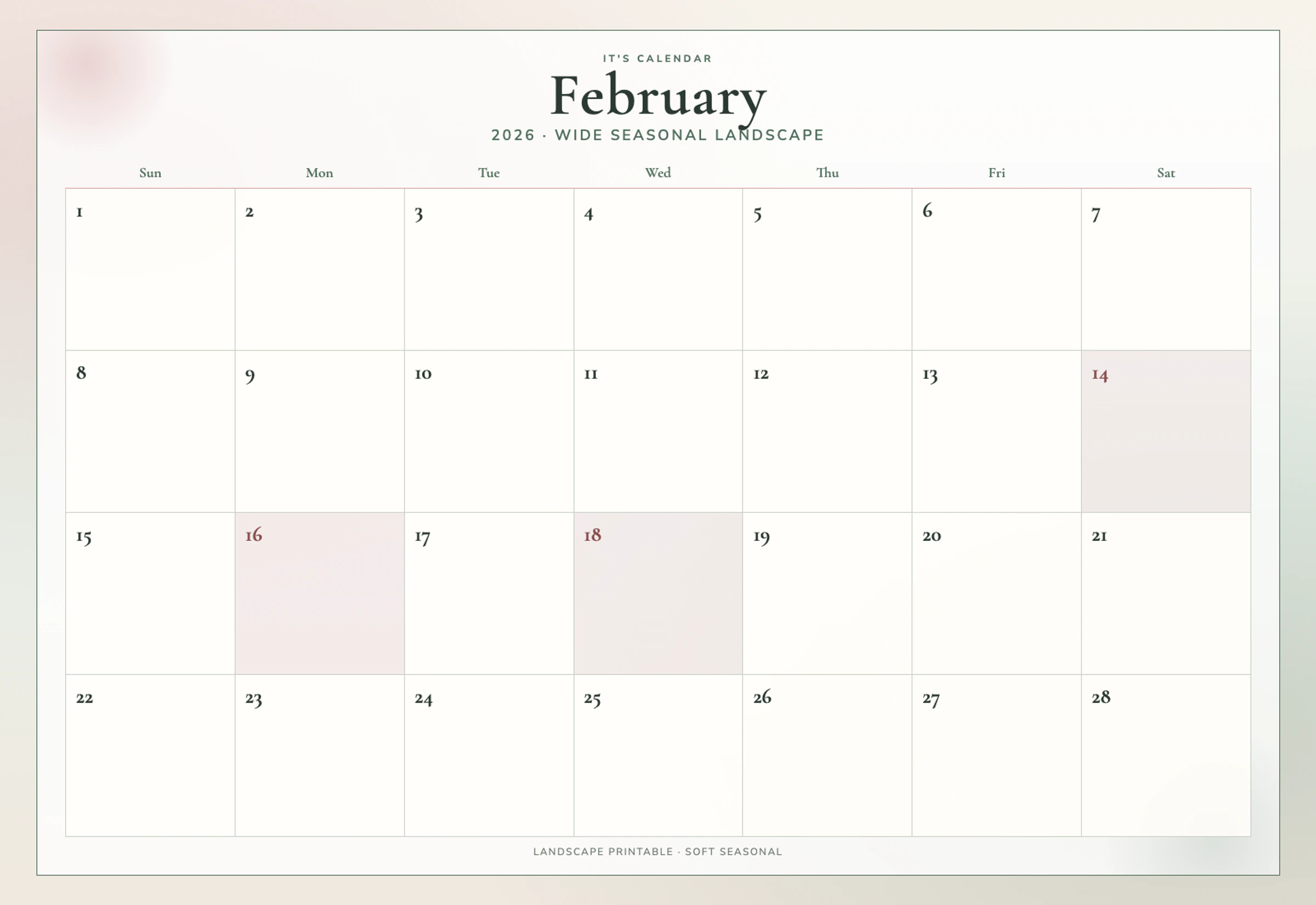 Landscape February 2026 Calendar