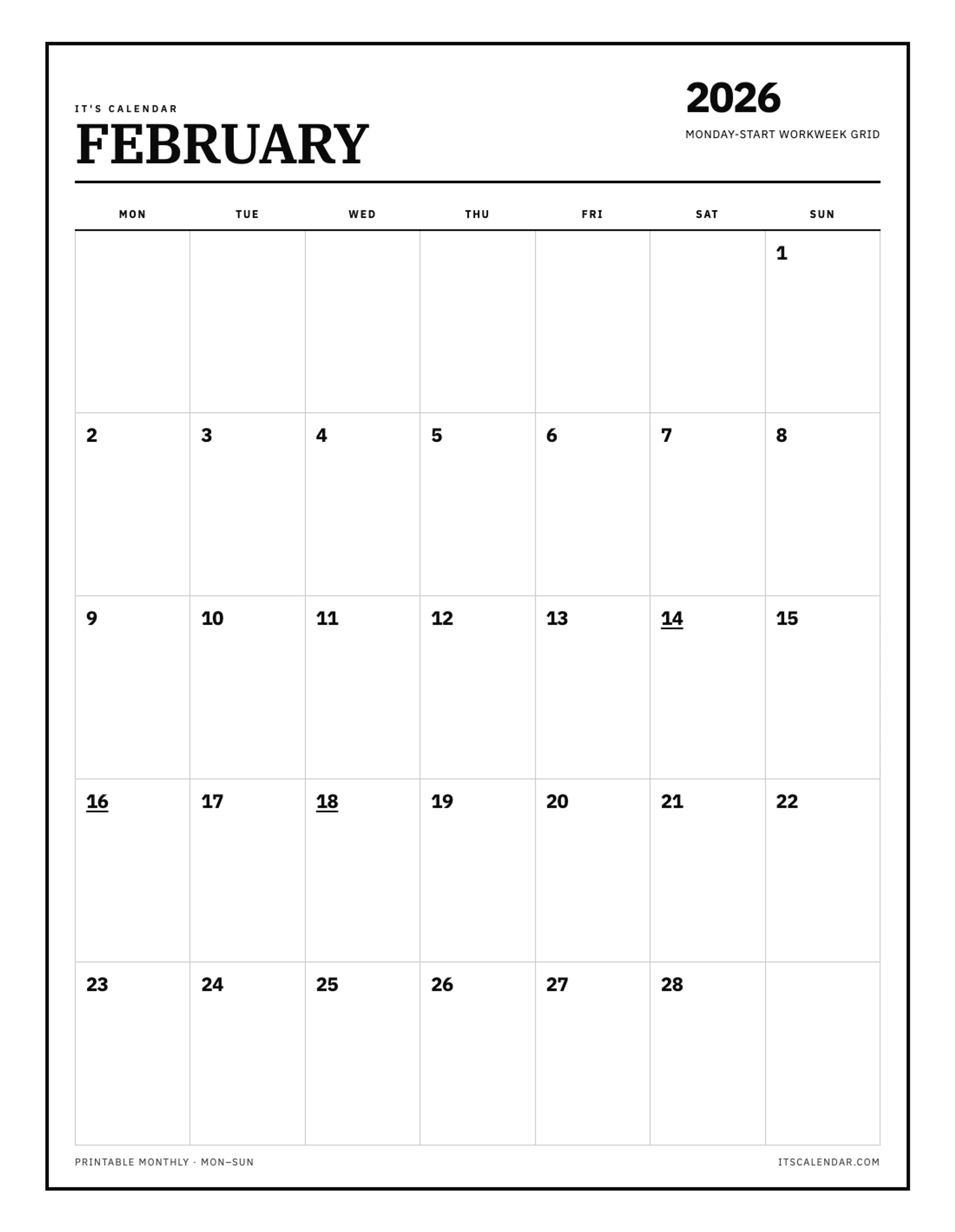 February 2026 Calendar – Monday Start