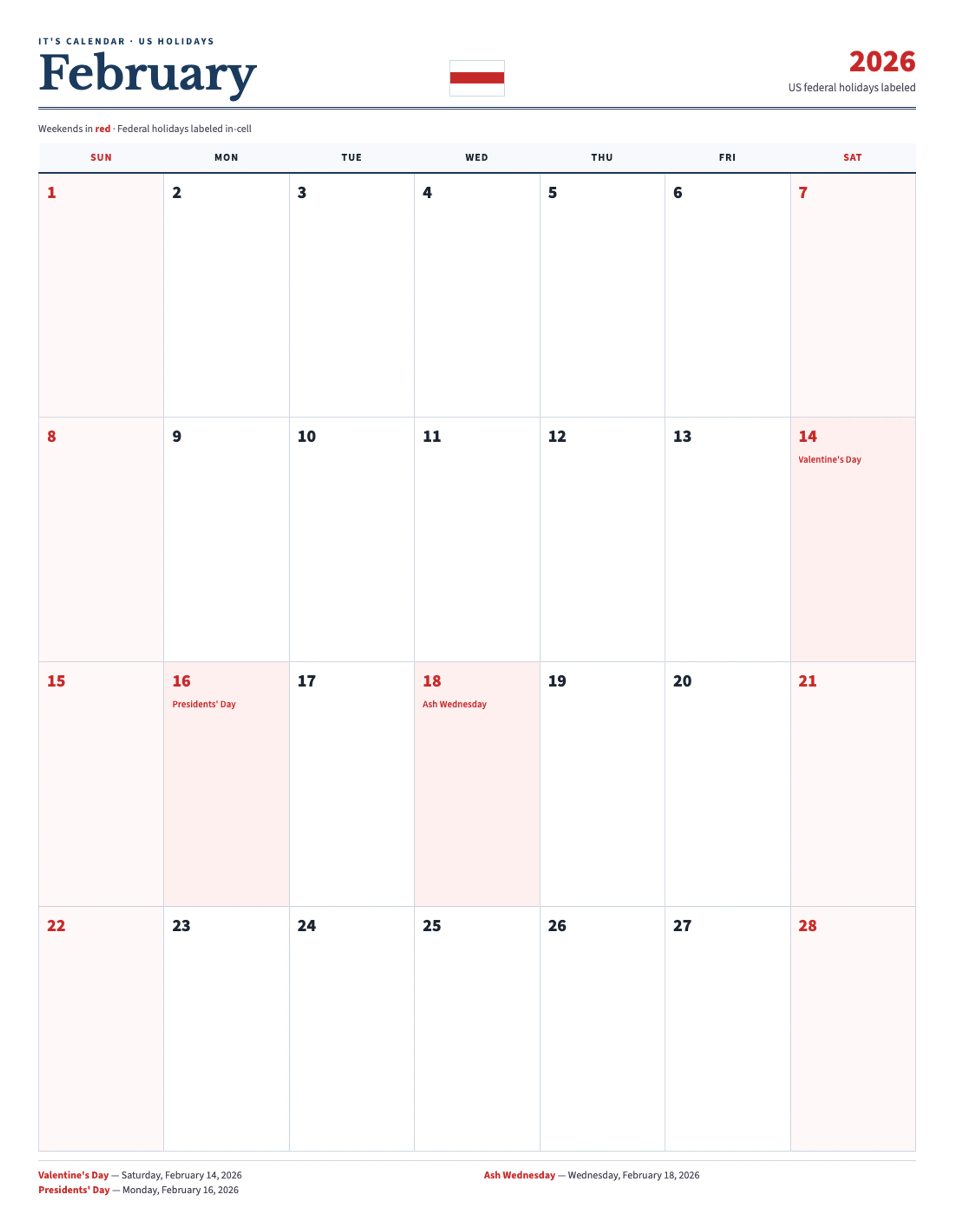 February 2026 Calendar With Holidays
