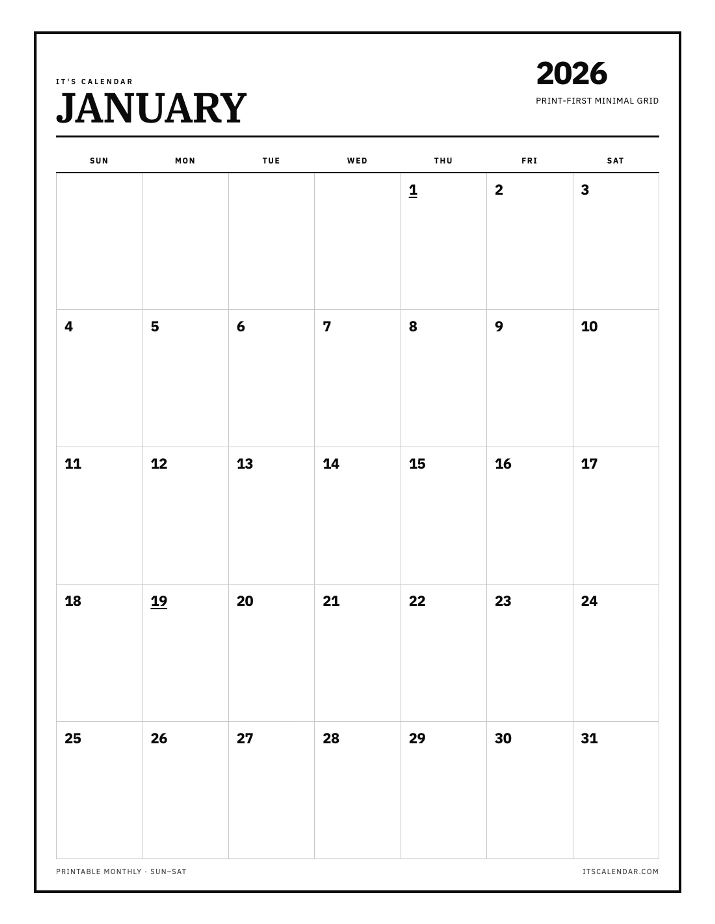 Blank January 2026 Calendar