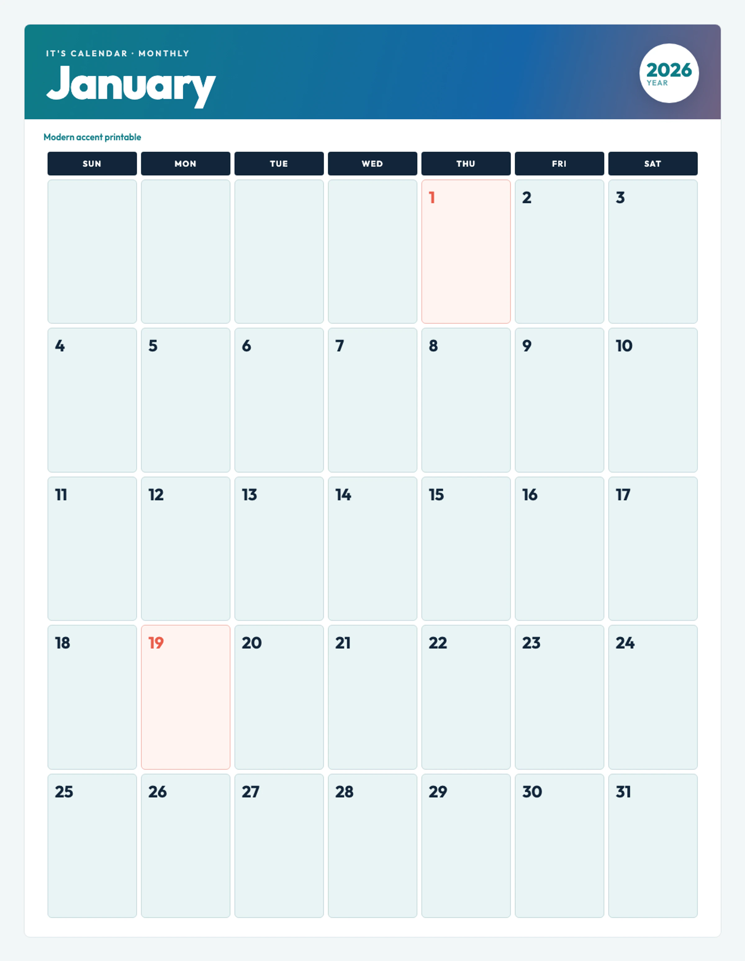 Cute / Winter January 2026 Calendar