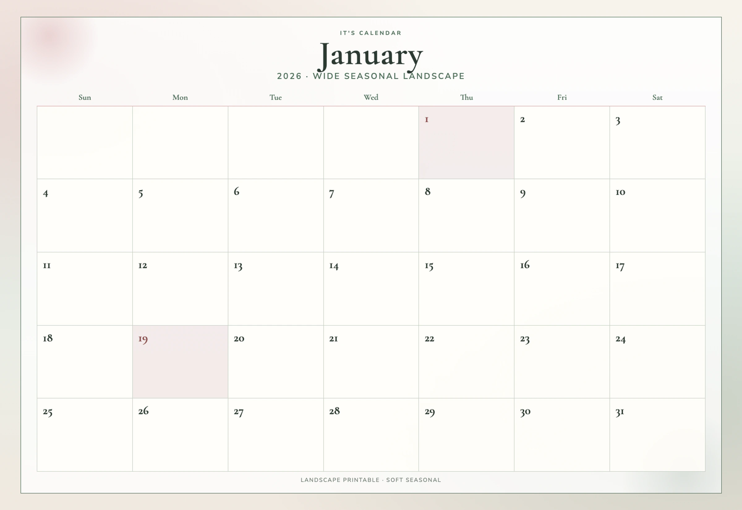 Landscape January 2026 Calendar