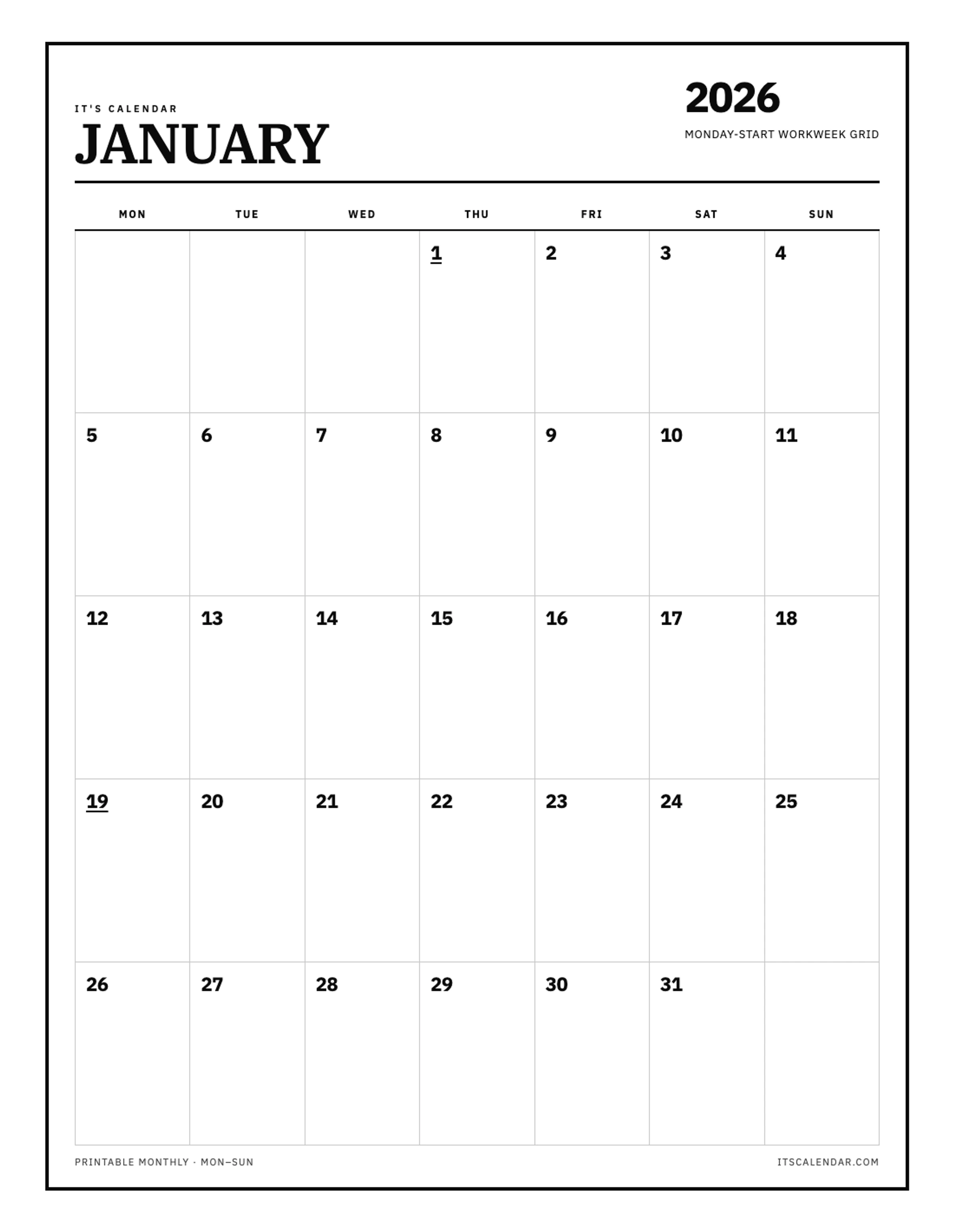 January 2026 Calendar – Monday Start
