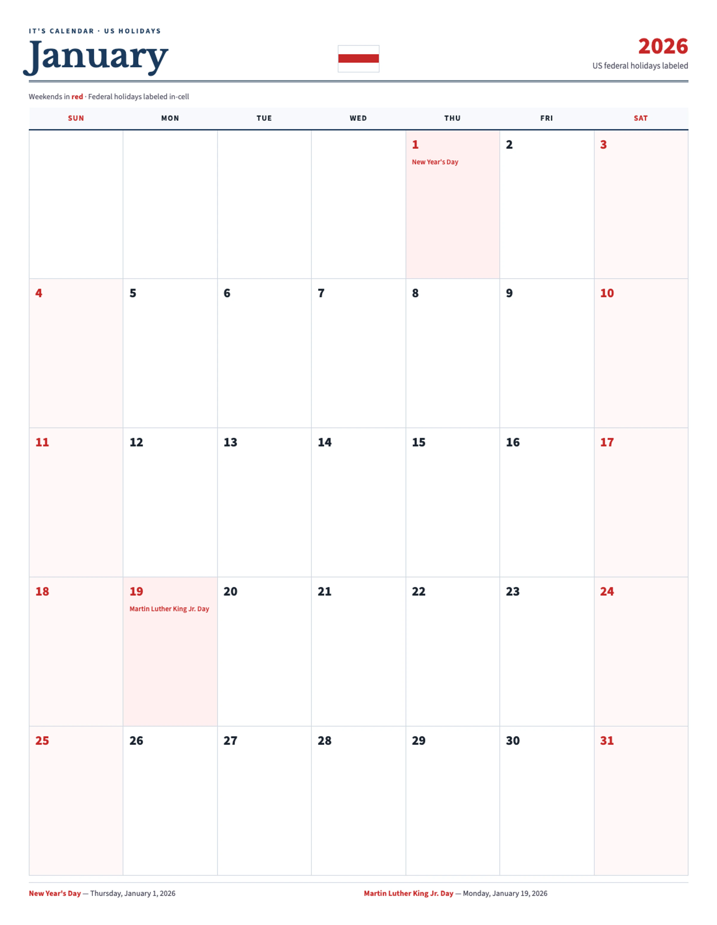 January 2026 Calendar With Holidays