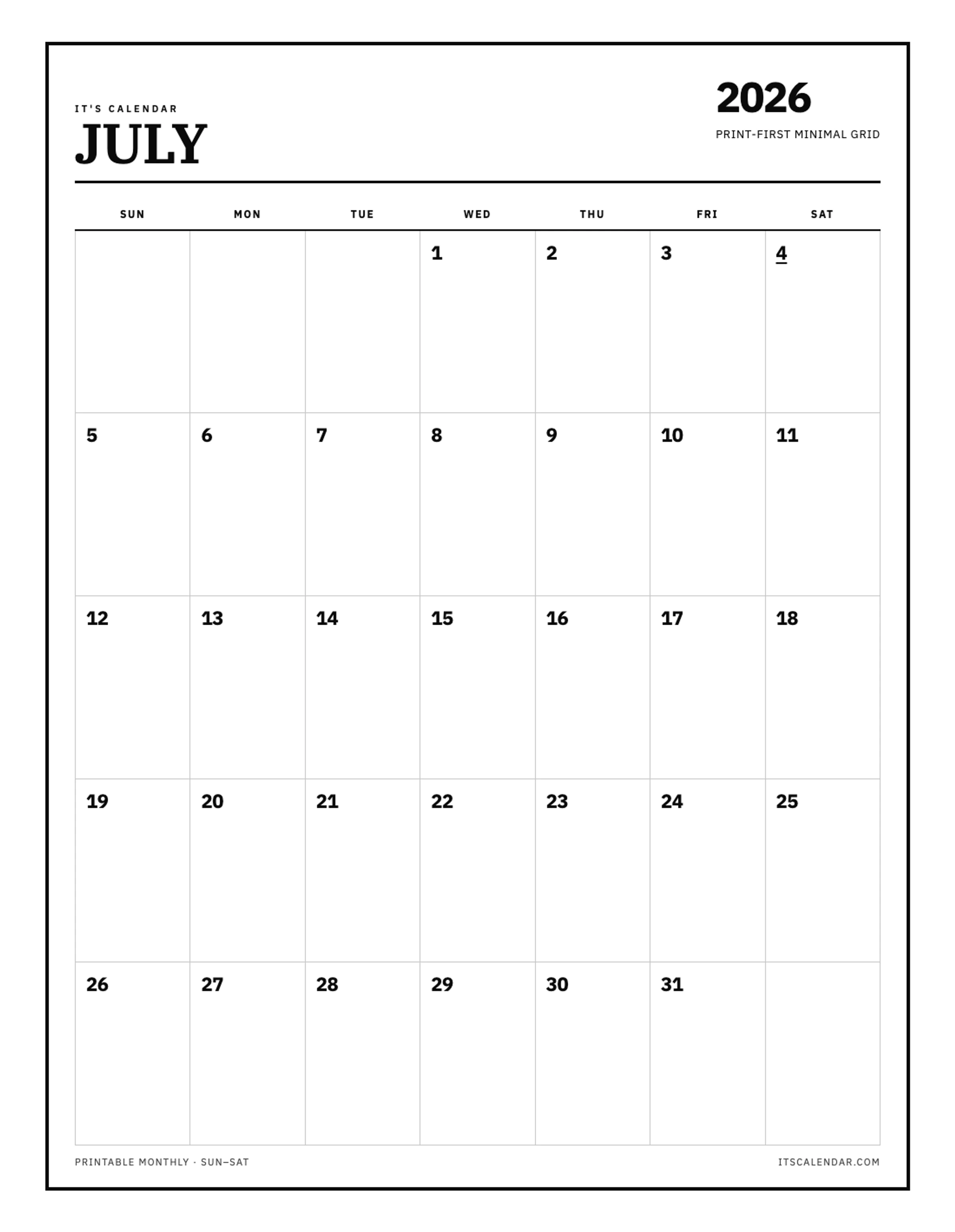 Blank July 2026 Calendar