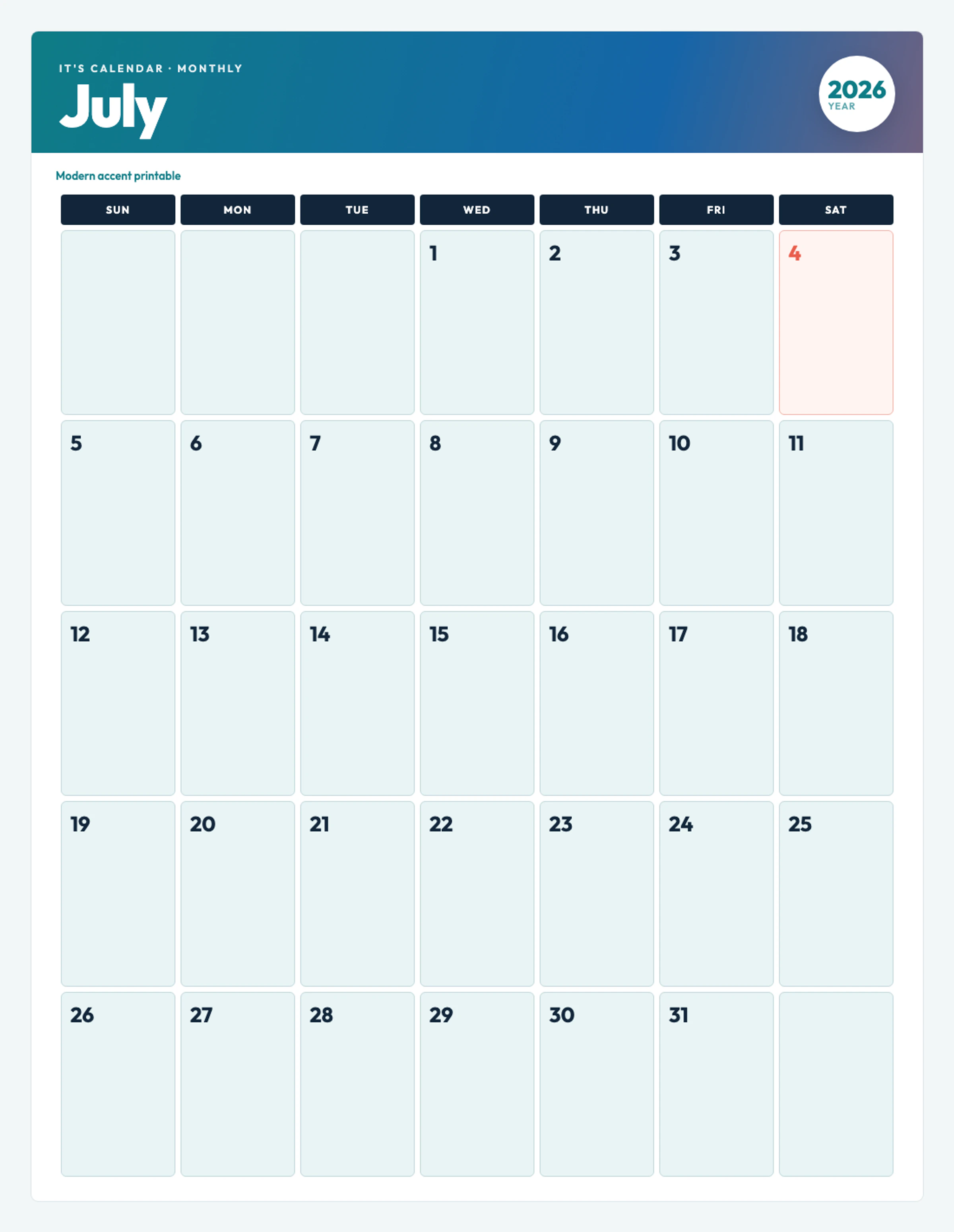 Cute / Winter July 2026 Calendar