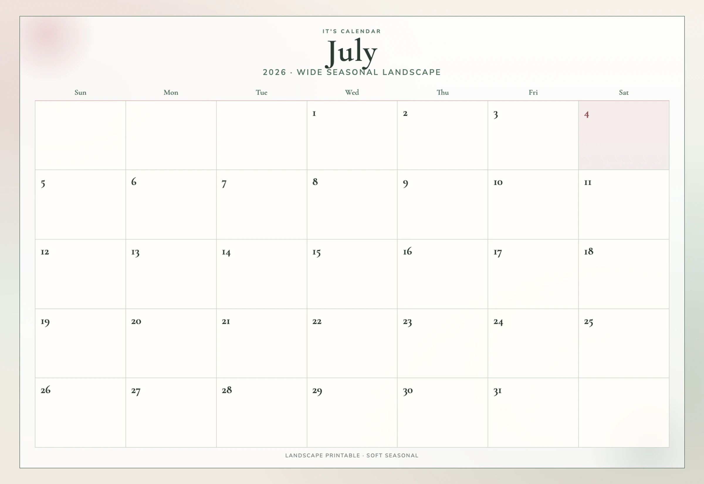 Landscape July 2026 Calendar