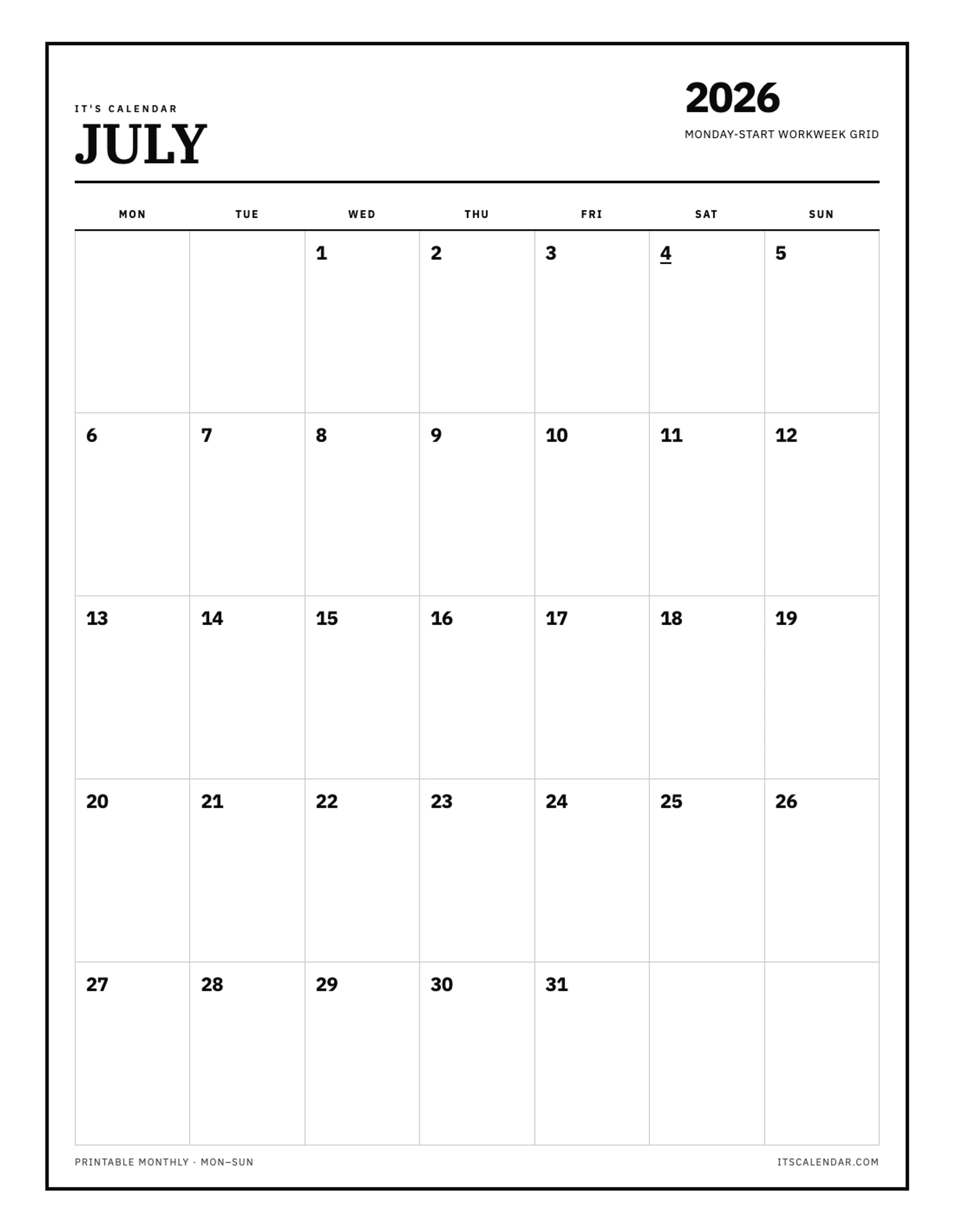 July 2026 Calendar – Monday Start