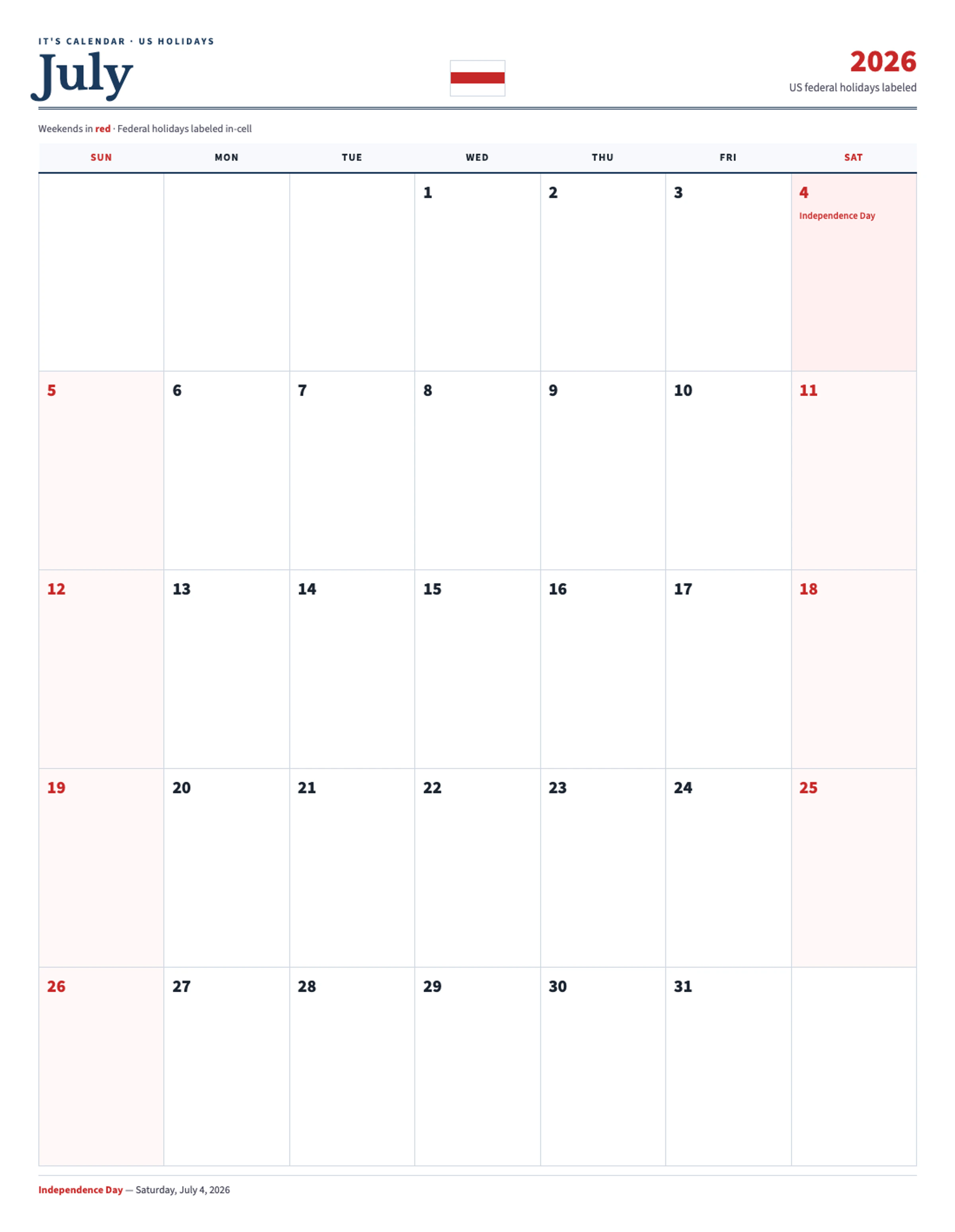 July 2026 Calendar With Holidays