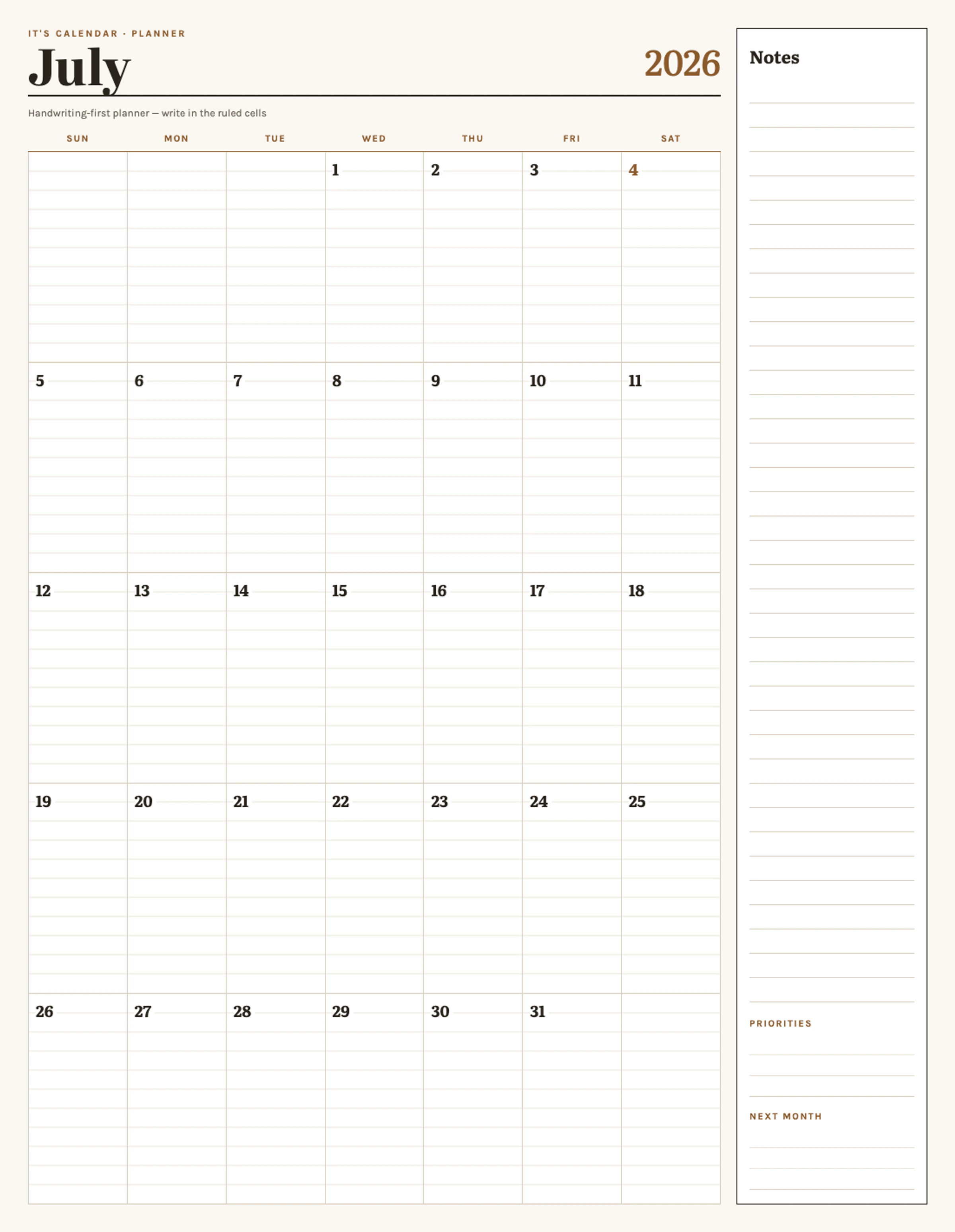 July 2026 Calendar With Notes