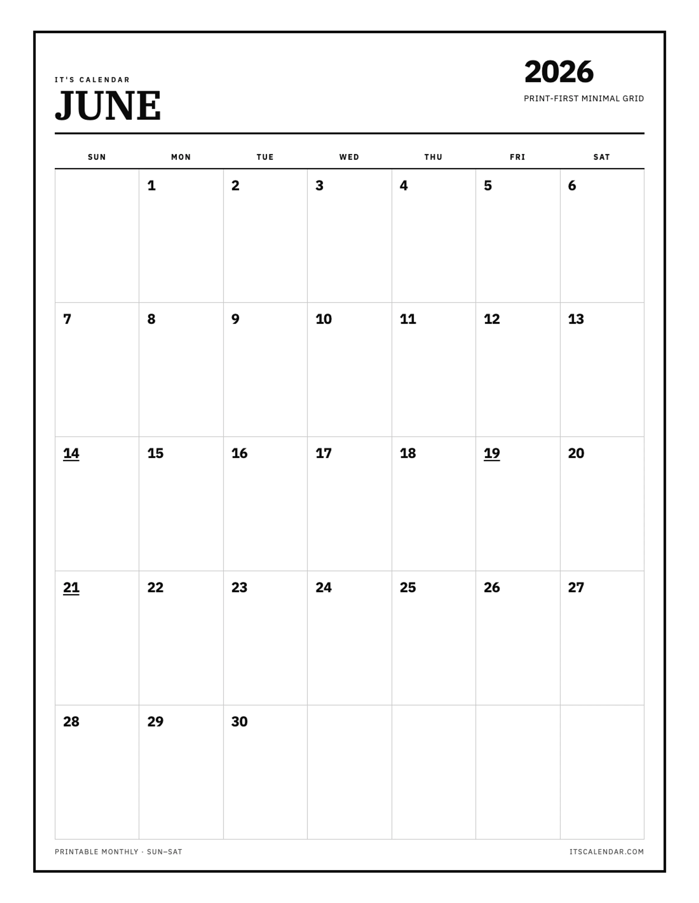 Blank June 2026 Calendar