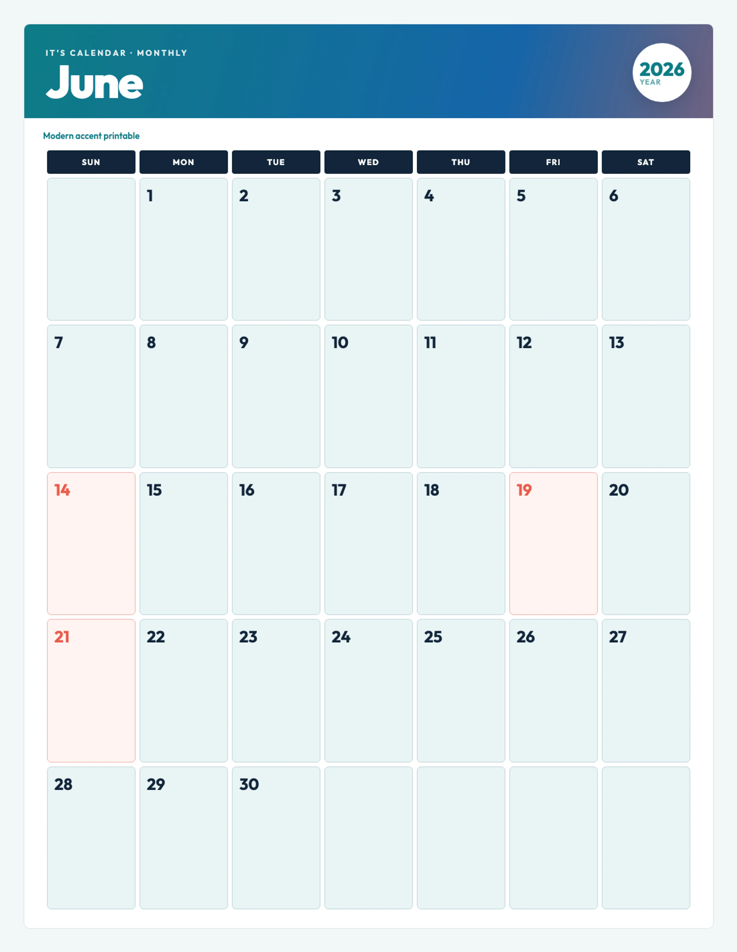 Cute / Winter June 2026 Calendar