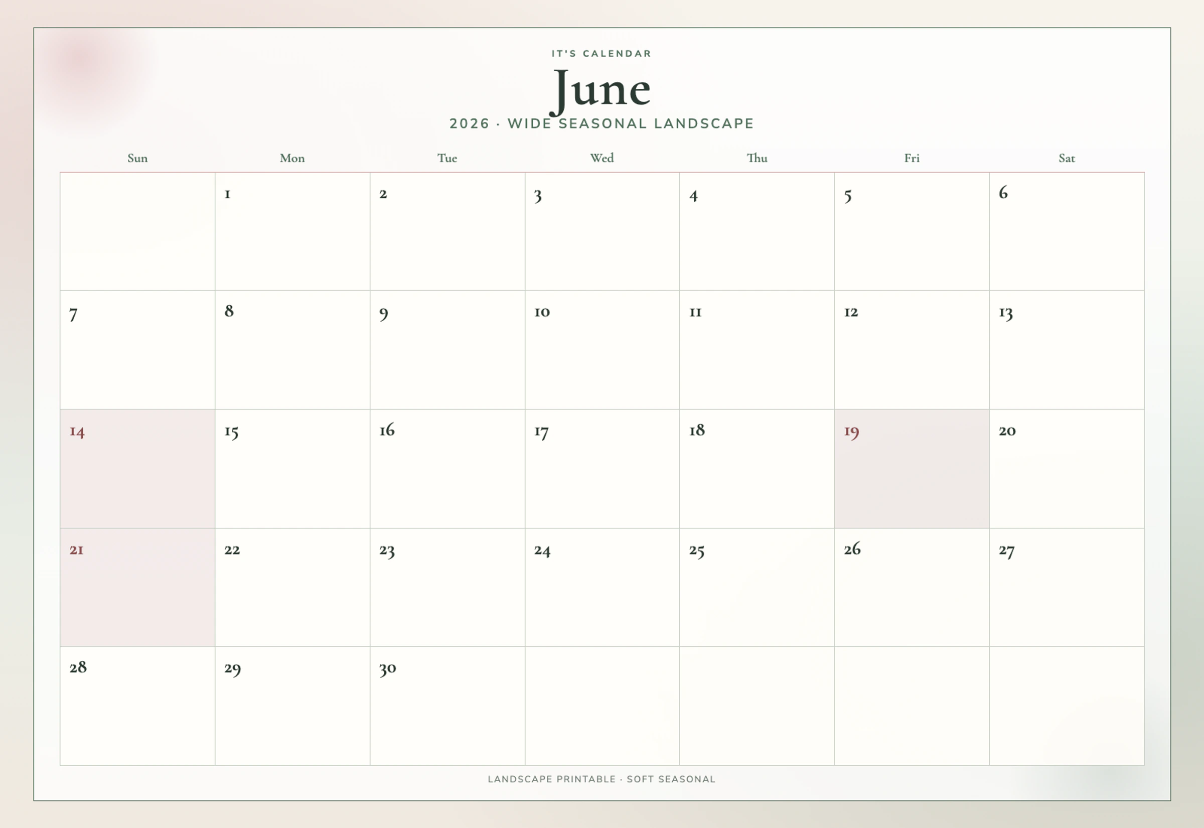 Landscape June 2026 Calendar