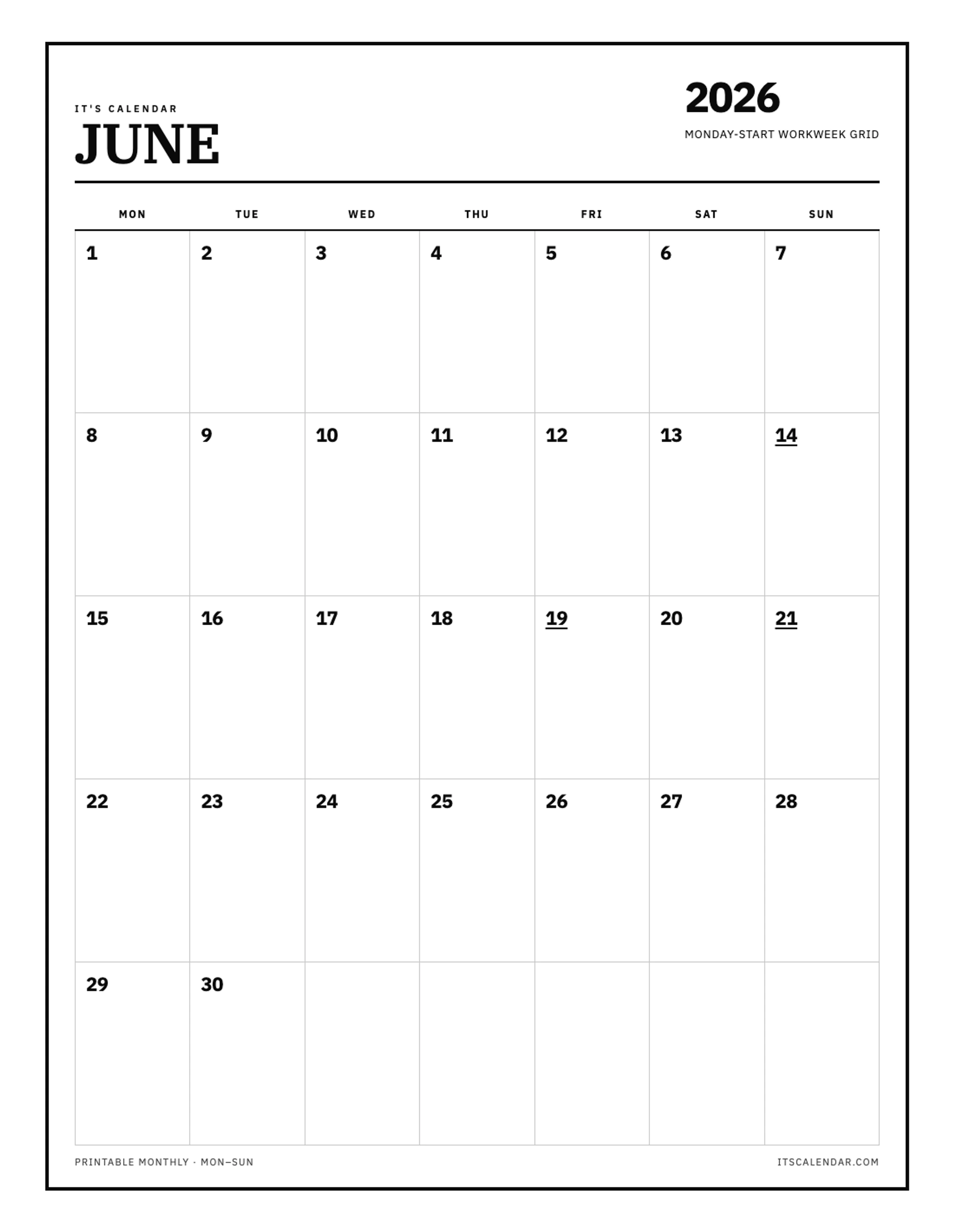 June 2026 Calendar – Monday Start