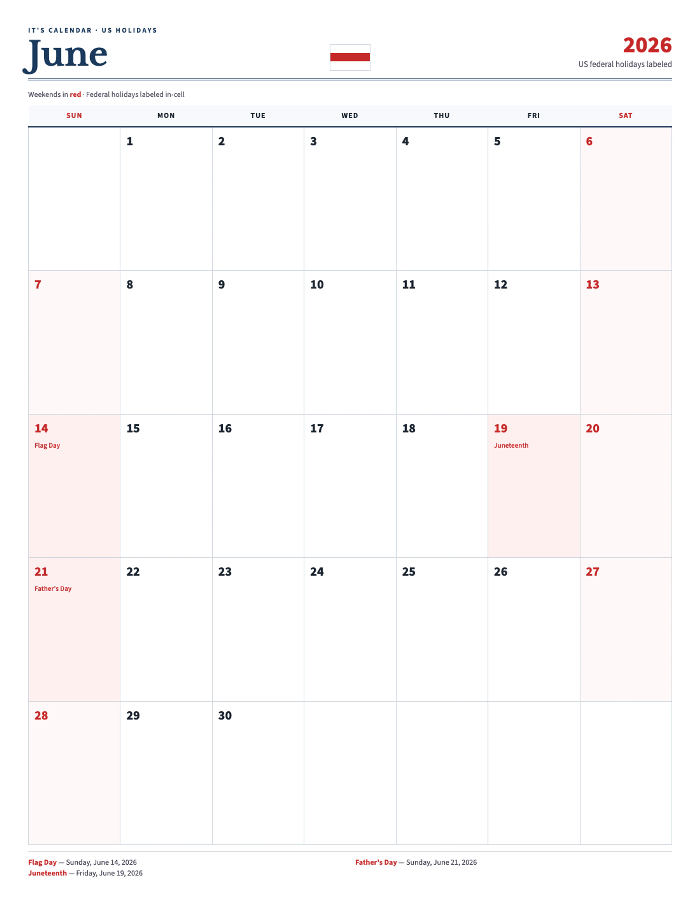 June 2026 Calendar With Holidays