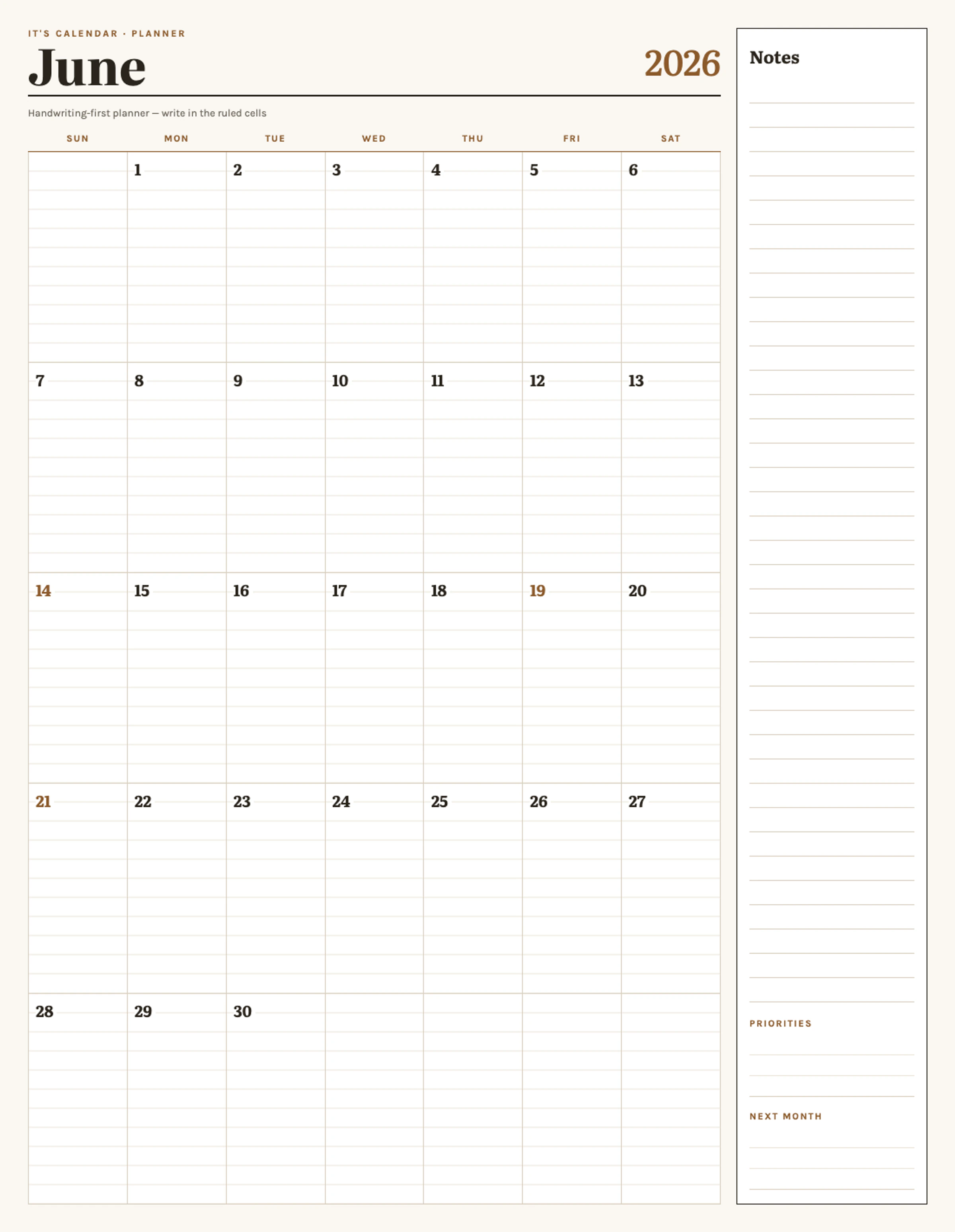 June 2026 Calendar With Notes