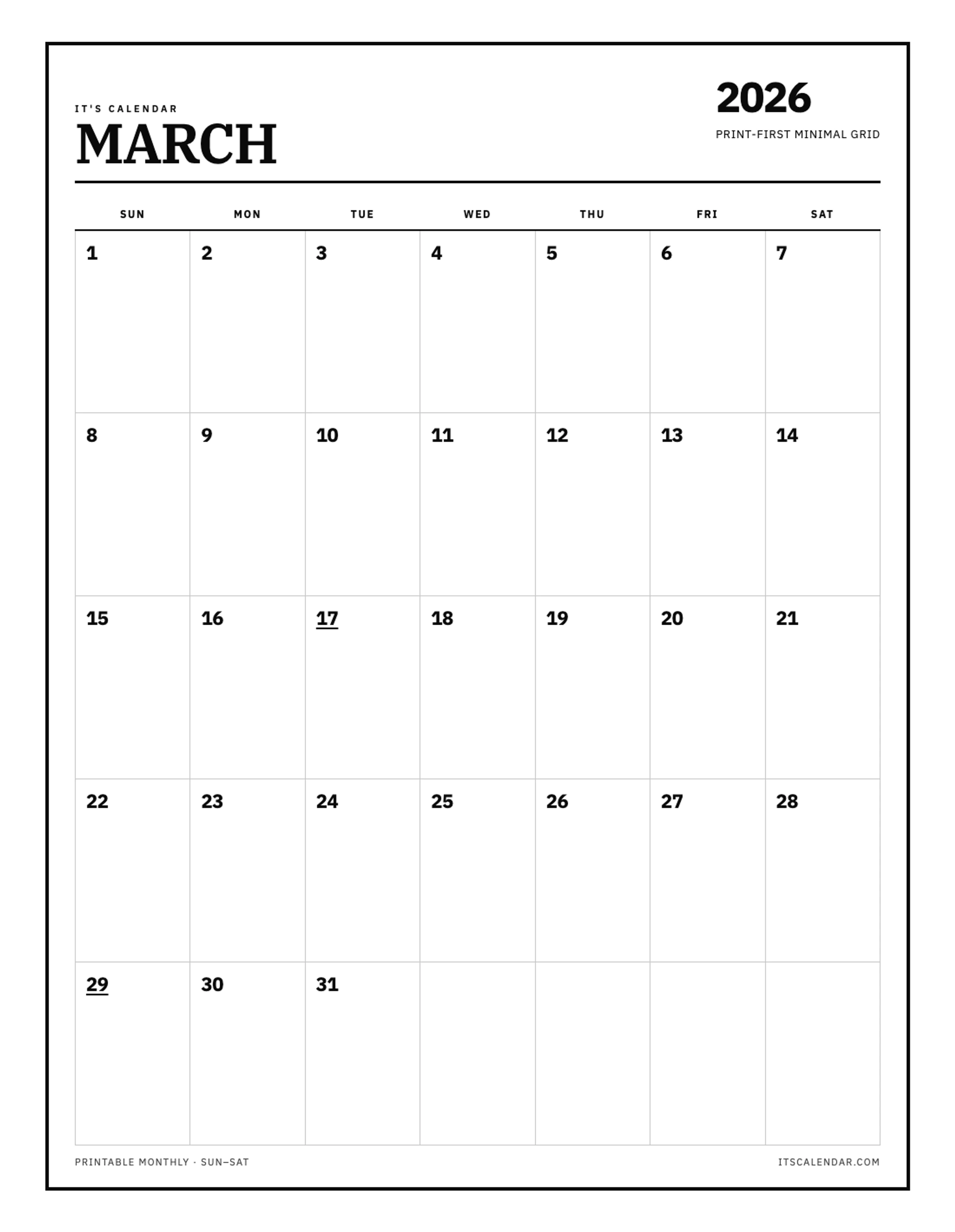 Blank March 2026 Calendar