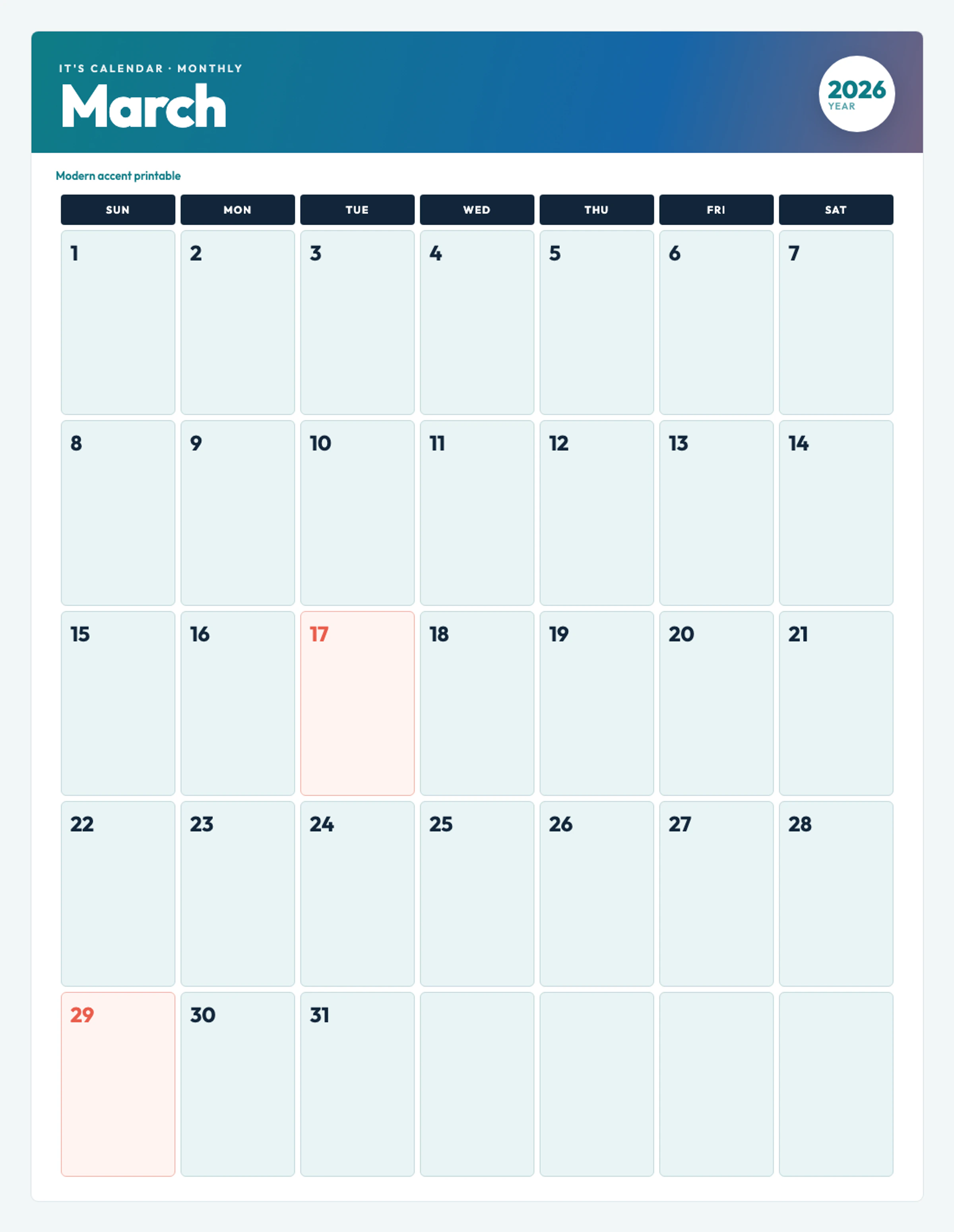 Cute / Winter March 2026 Calendar