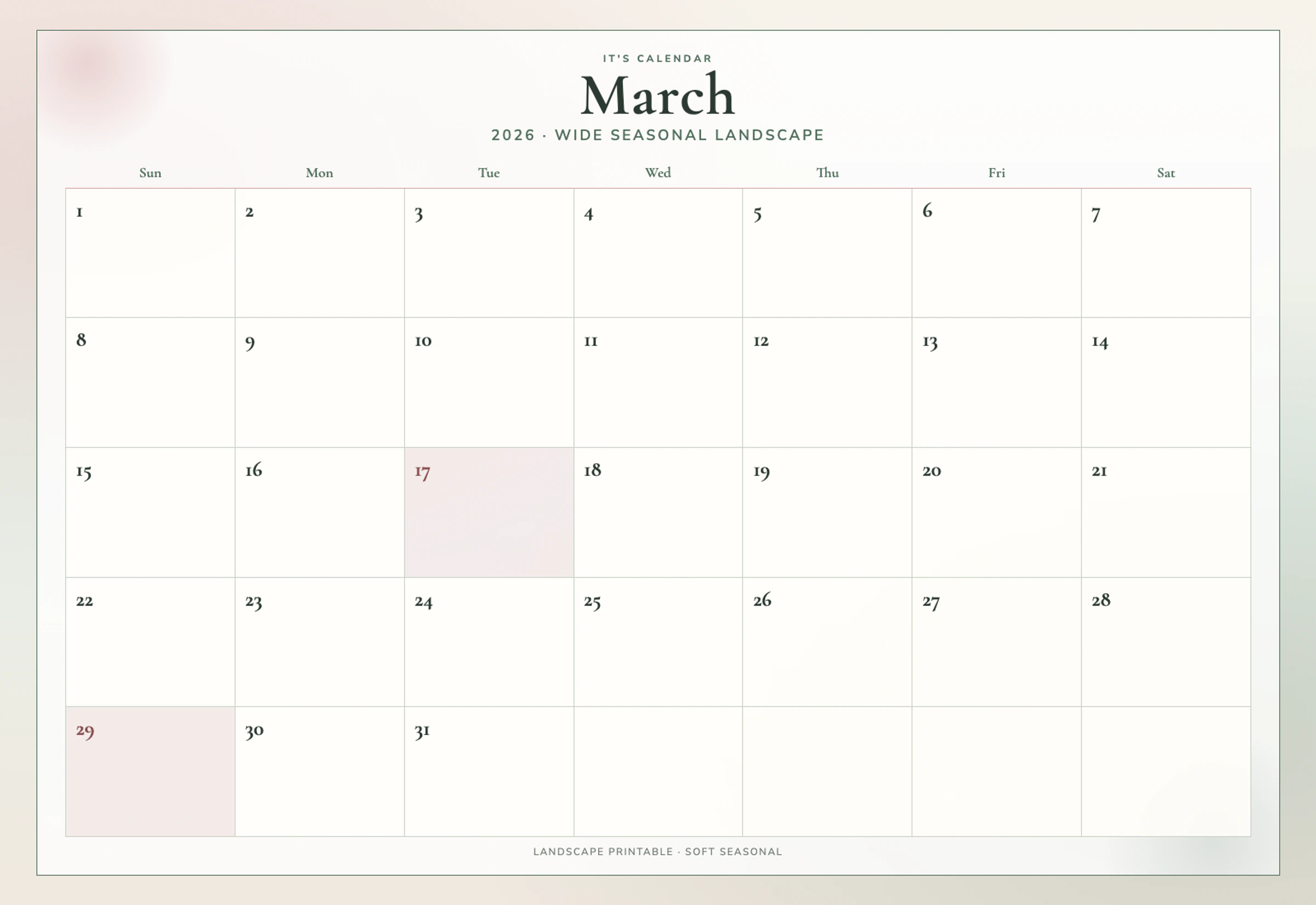 Landscape March 2026 Calendar