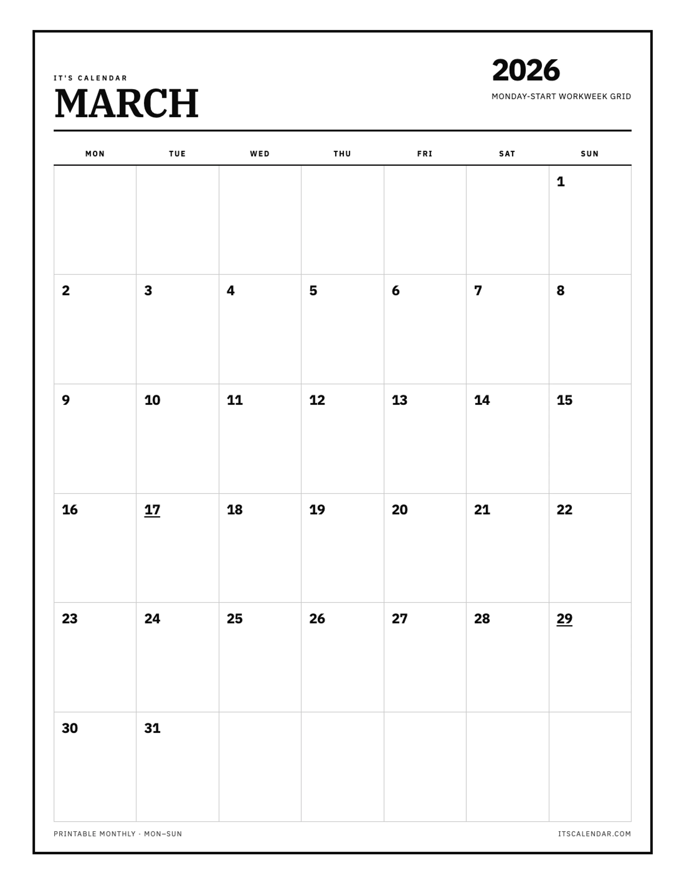 March 2026 Calendar – Monday Start