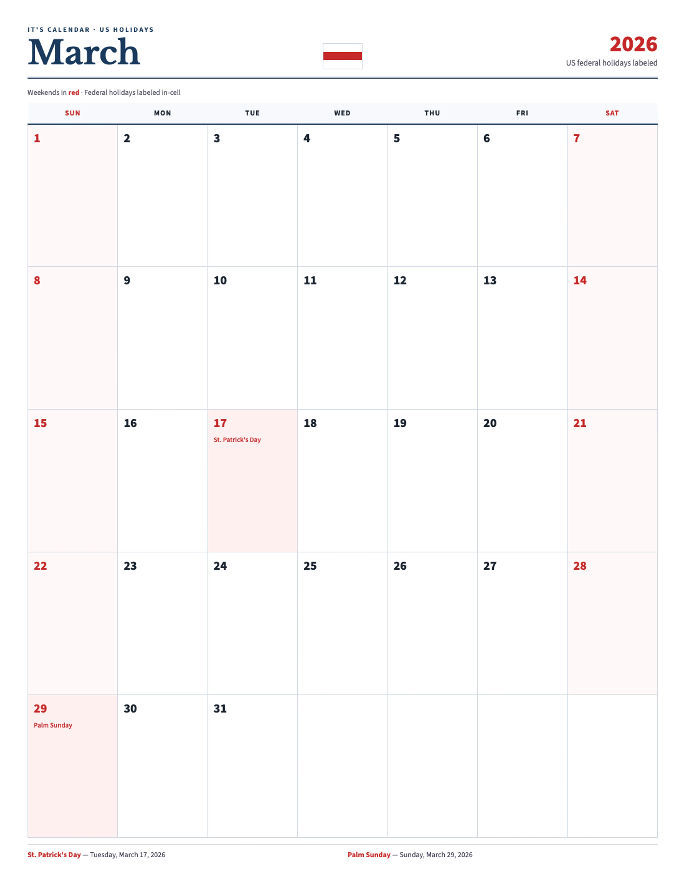 March 2026 Calendar With Holidays