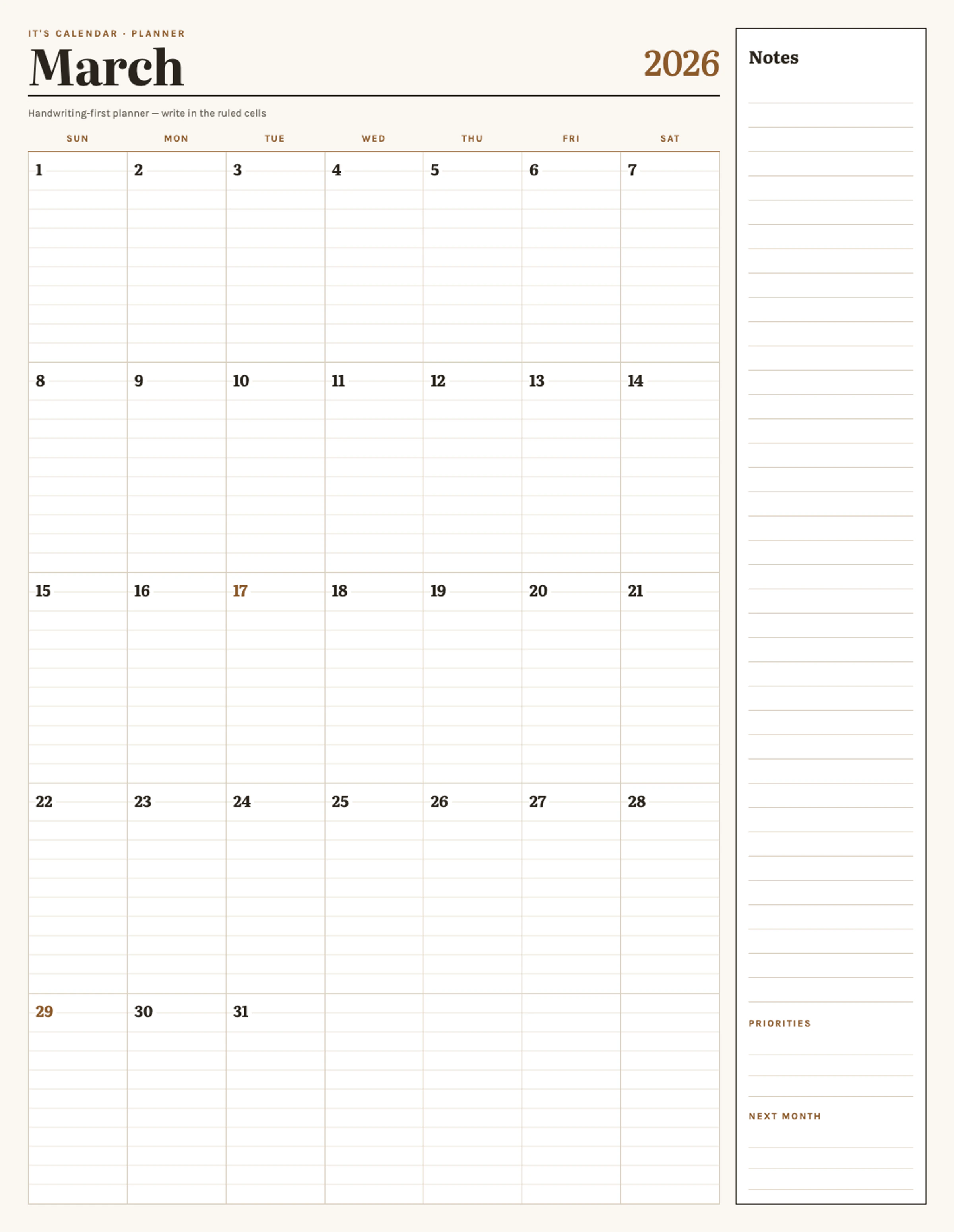 March 2026 Calendar With Notes