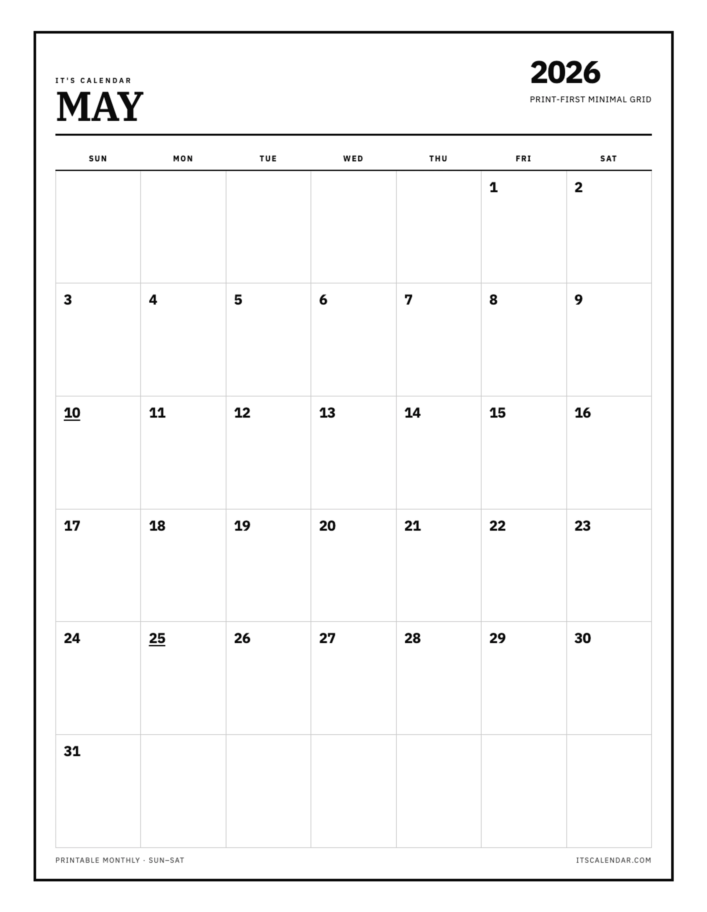 Blank May 2026 Calendar
