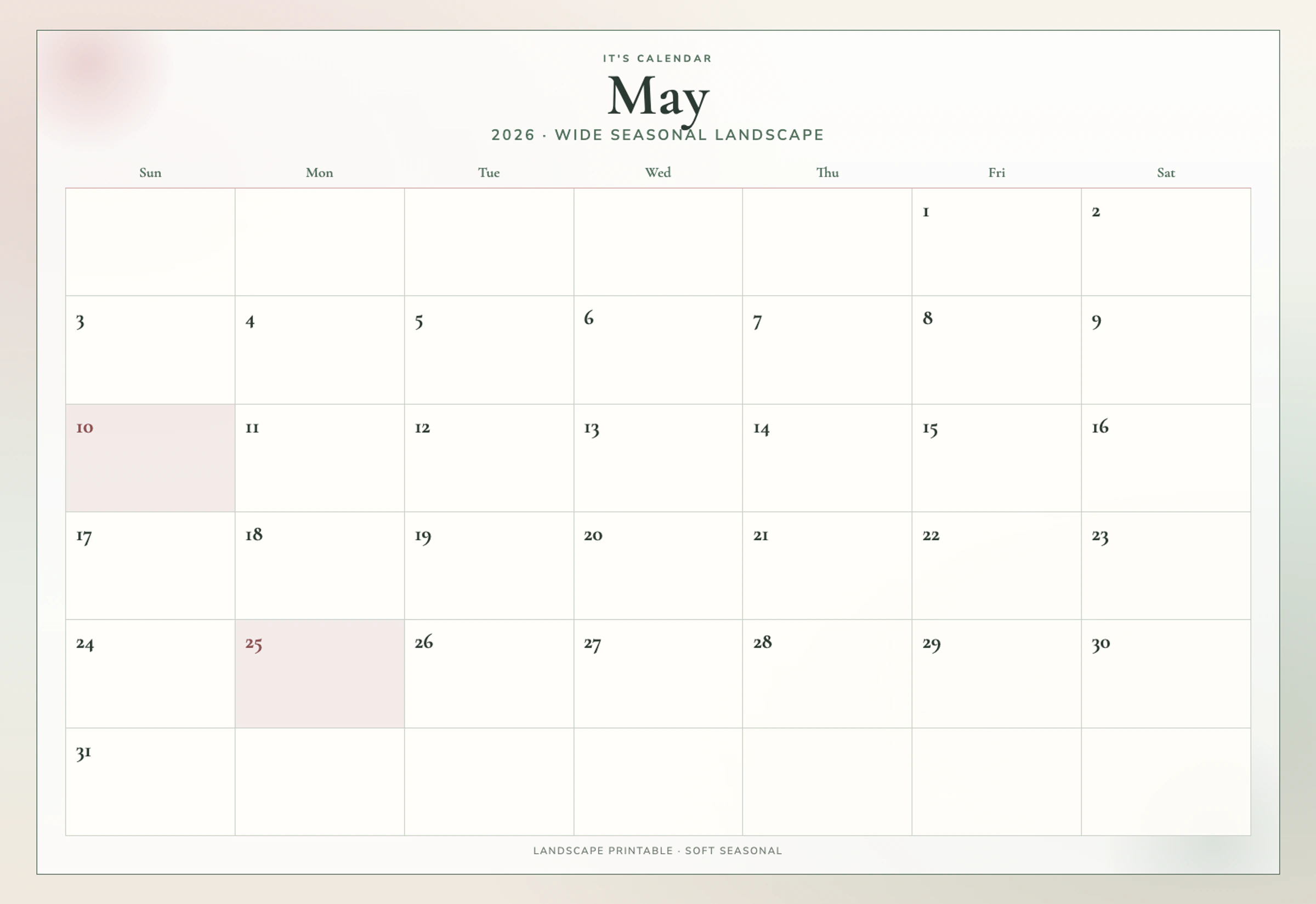 Landscape May 2026 Calendar