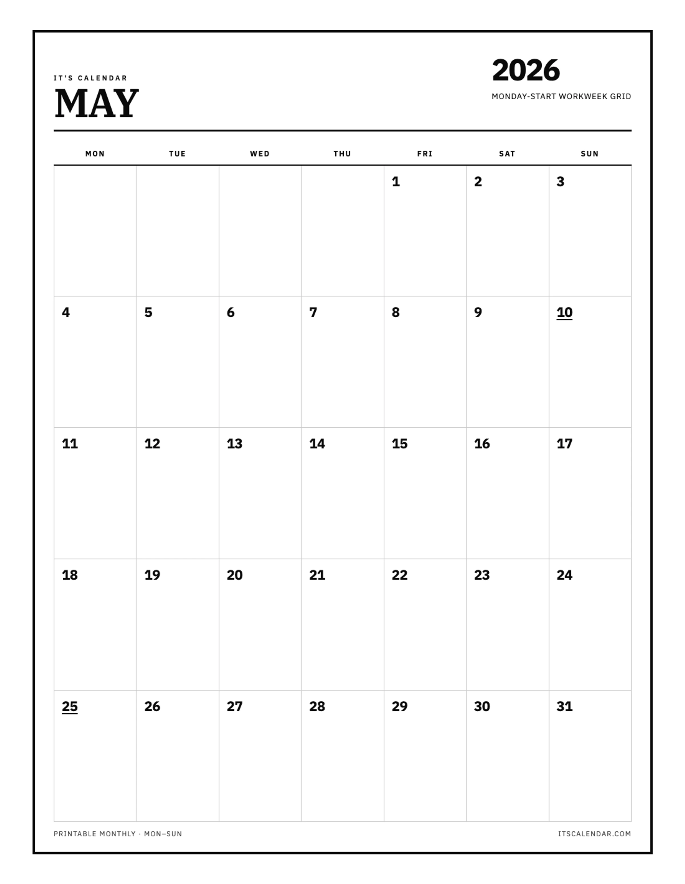May 2026 Calendar – Monday Start