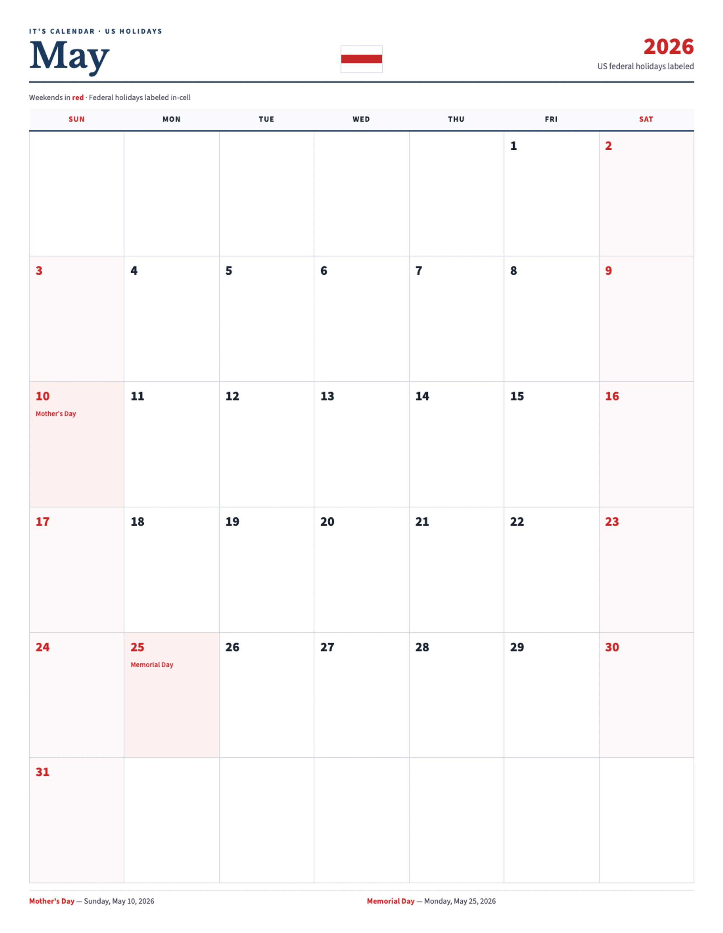 May 2026 Calendar With Holidays