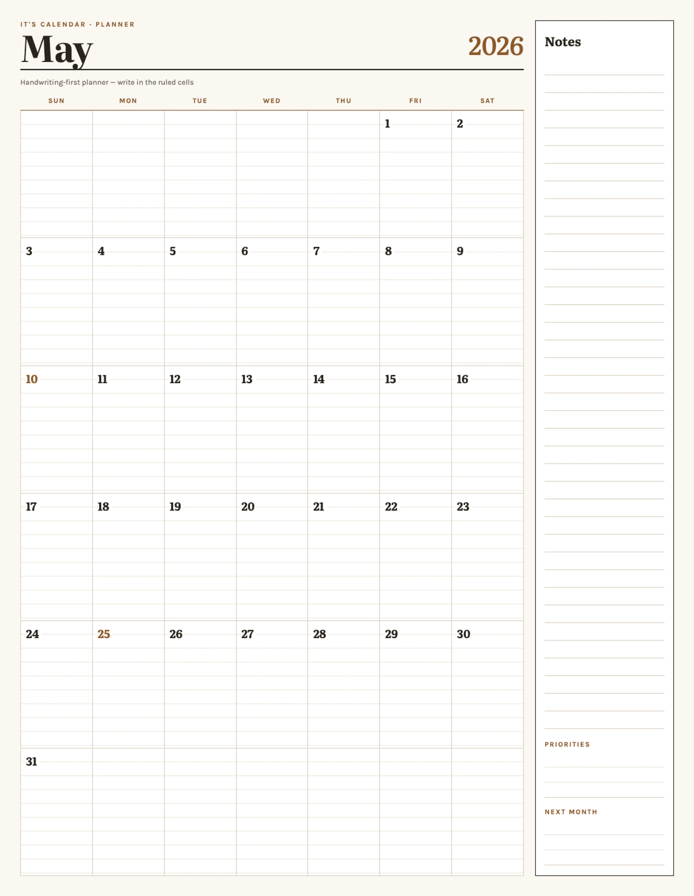 May 2026 Calendar With Notes