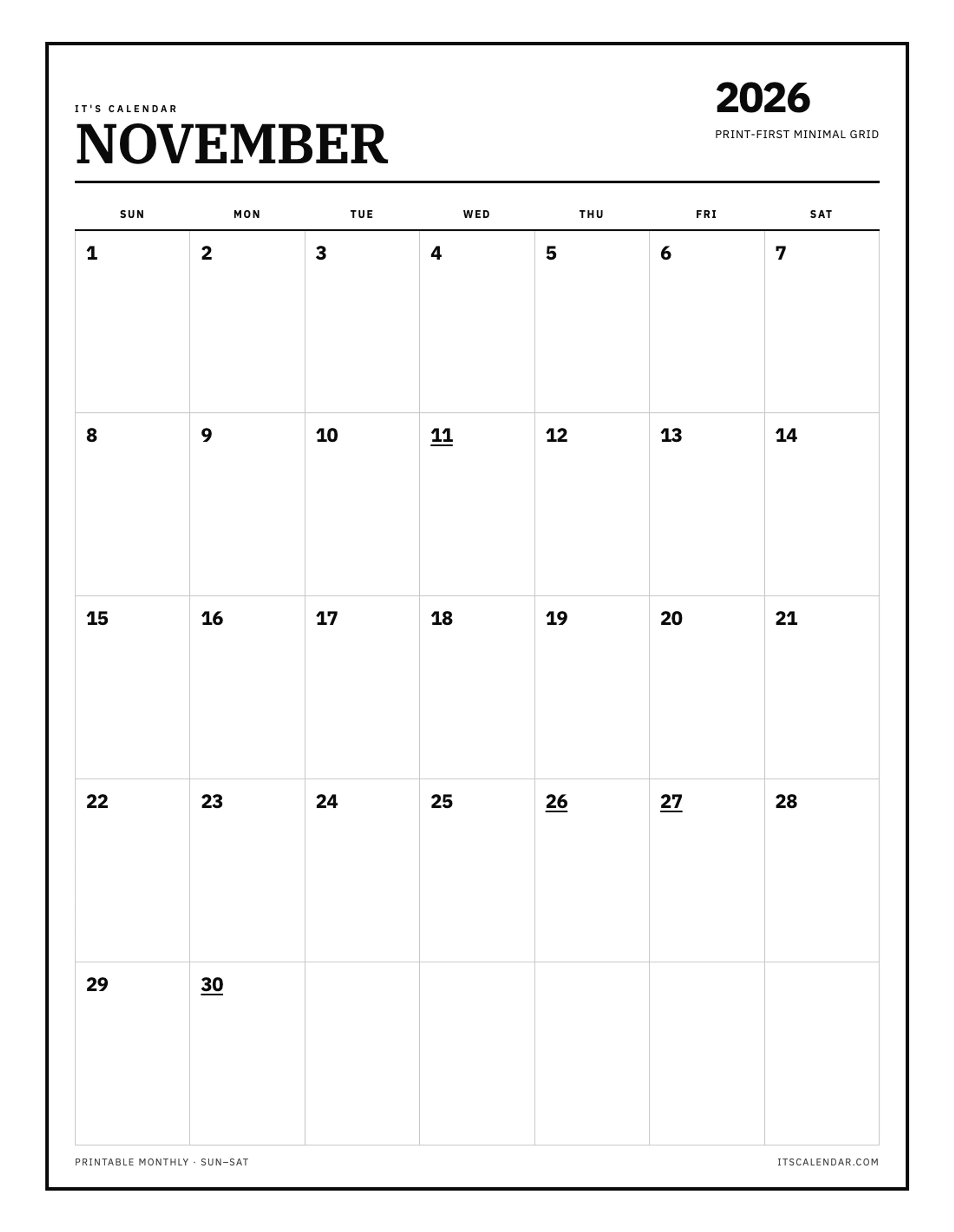 Blank November 2026 Calendar