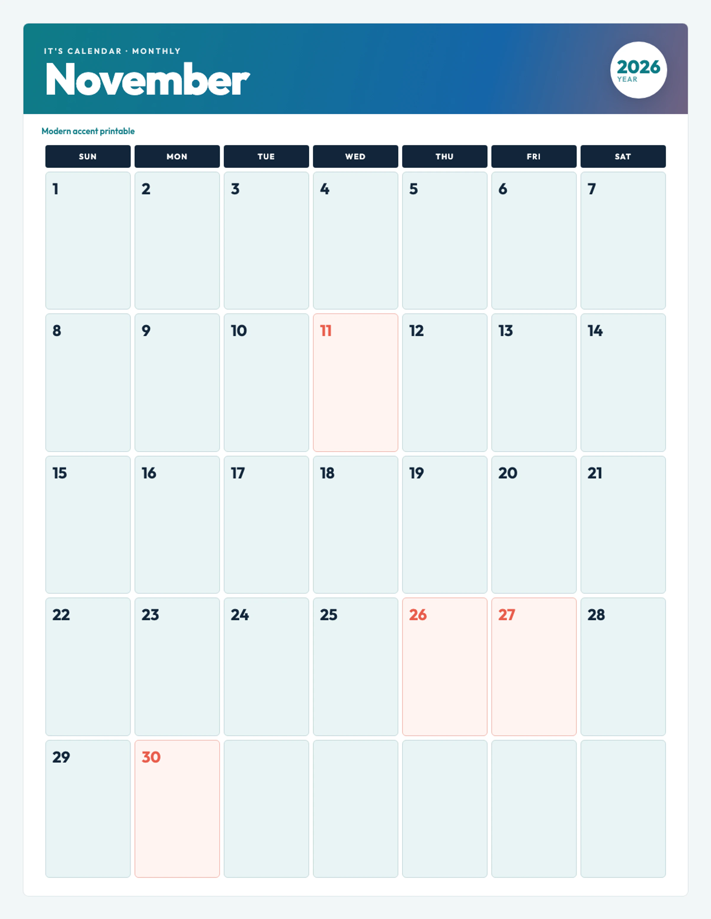 Cute / Winter November 2026 Calendar